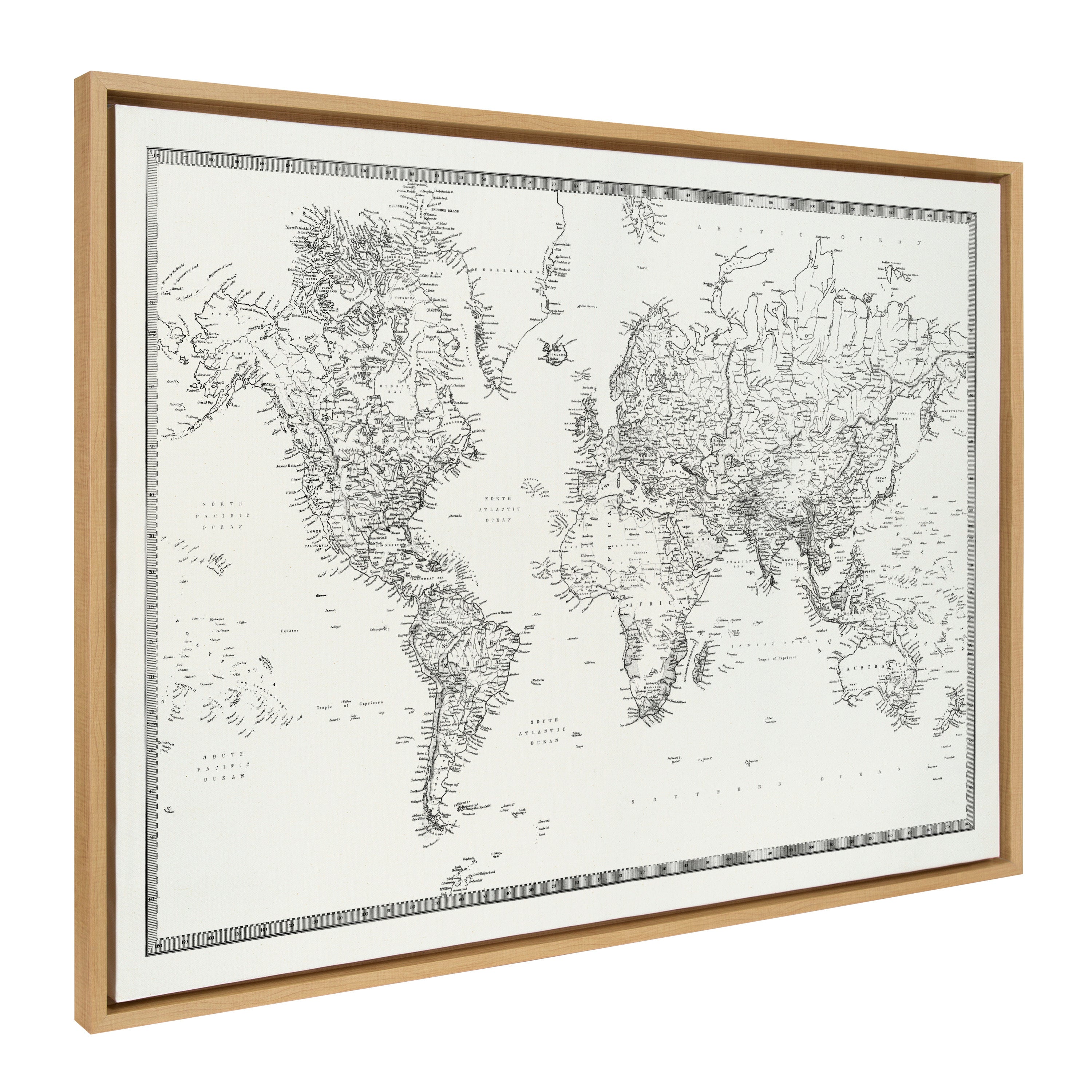 Sylvie Vintage Black and White World Map Framed Canvas by The Creative Bunch Studio