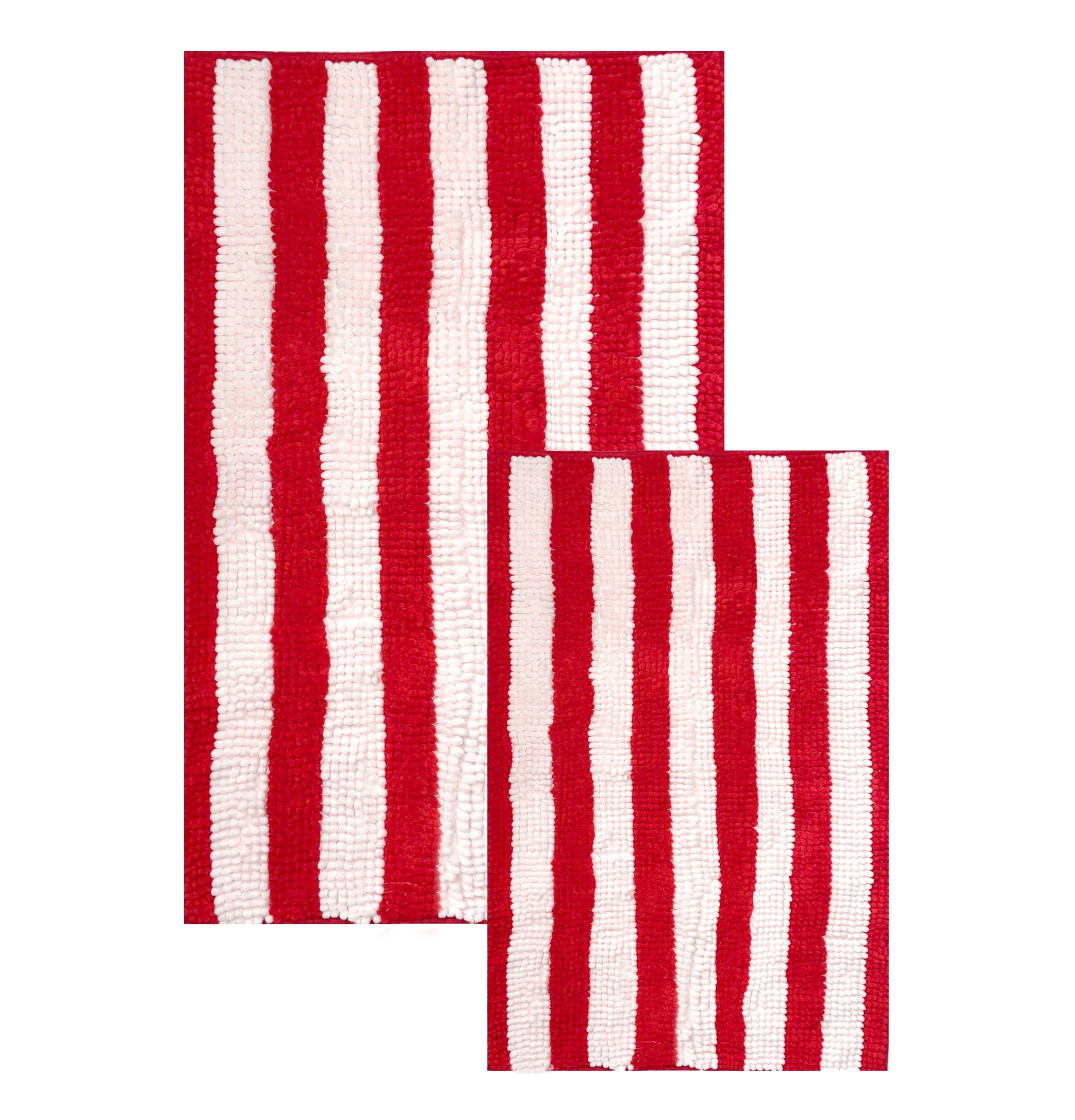 Large 2 Piece Set Red White Stripe Soft Cozy Plush Chenille Bath Mat Bathroom Rug