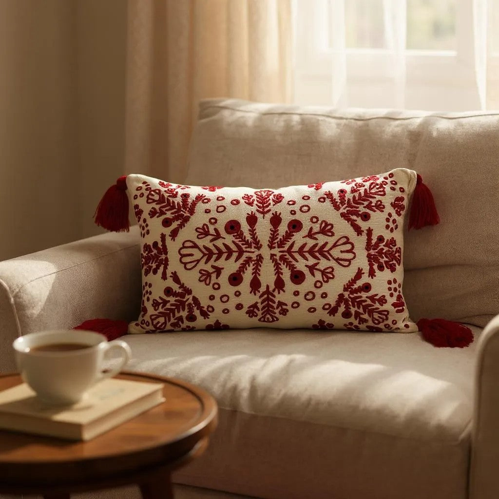 Red & White Embroidered Throw Pillow with Tassels Handcrafted Elegance for Your Home