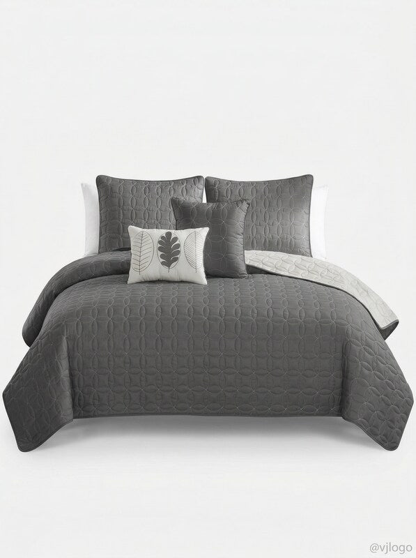 VCNY Home Hayden Solid Reversible Geometric Quilt Set, Queen, Charcoal/Vanilla
