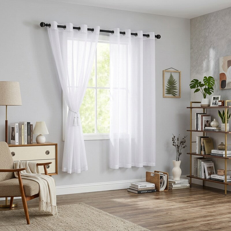 Hiasan White Sheer Curtains for Bedroom With Tiebacks, W52 X L63, 2 Soft Panels