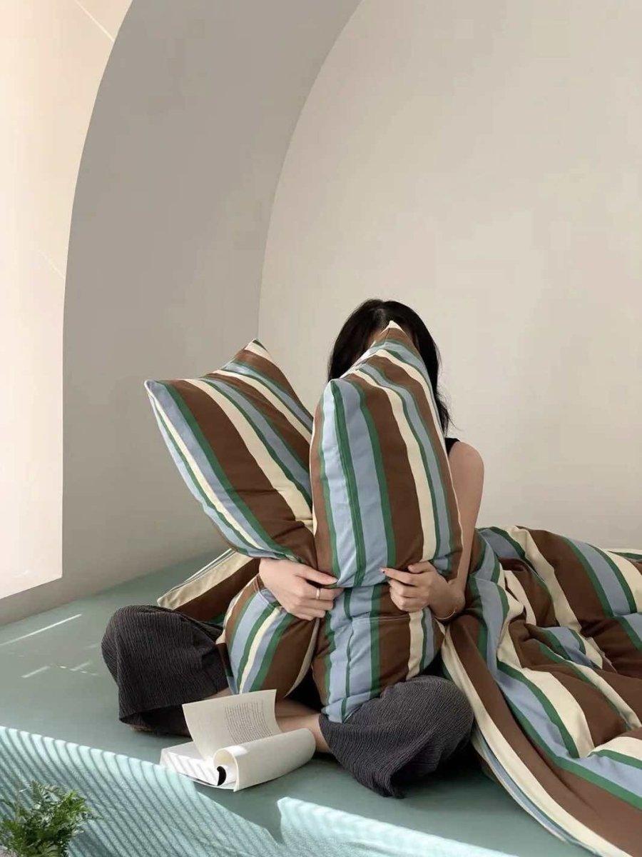 Retro Earthy Tone Stripe Duvet Cover Set with Pillowcases, 100% Cotton - PRHOMZ