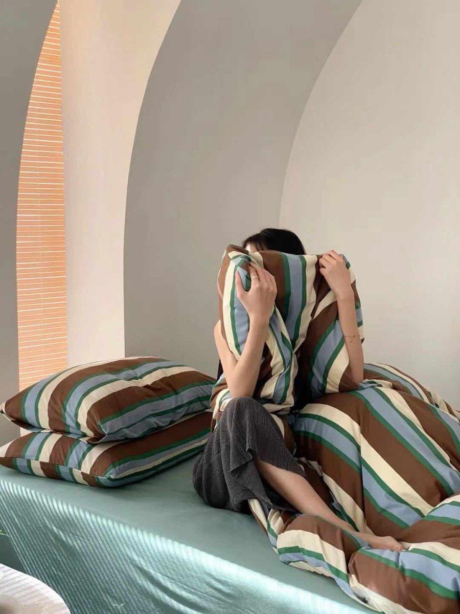 Retro Earthy Tone Stripe Duvet Cover Set with Pillowcases, 100% Cotton - PRHOMZ