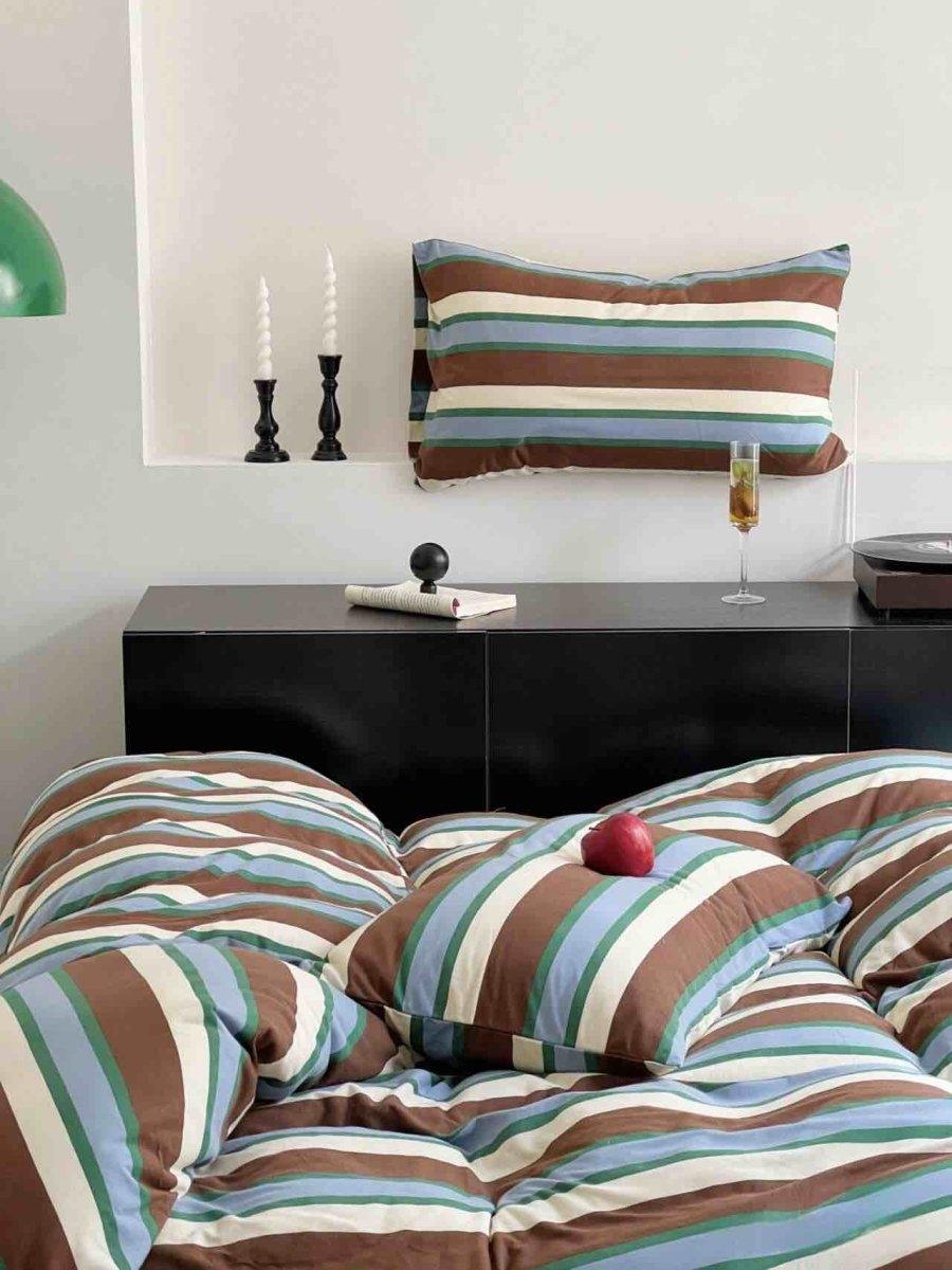 Retro Earthy Tone Stripe Duvet Cover Set with Pillowcases, 100% Cotton - PRHOMZ