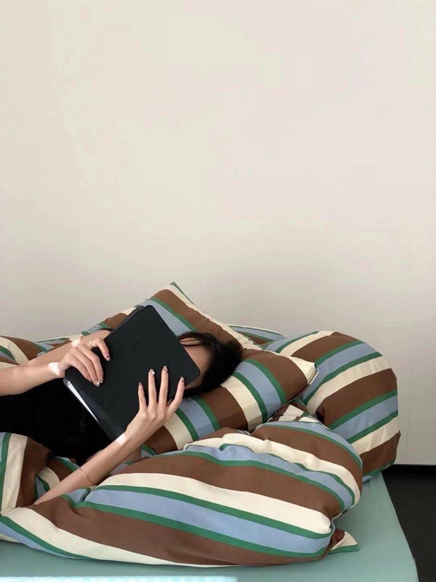 Retro Earthy Tone Stripe Duvet Cover Set with Pillowcases, 100% Cotton - PRHOMZ