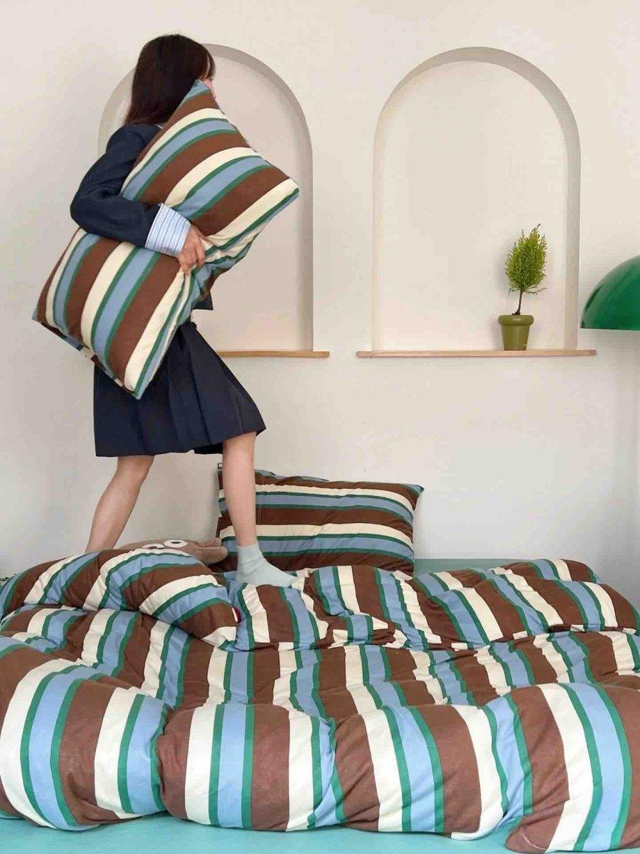 Retro Earthy Tone Stripe Duvet Cover Set with Pillowcases, 100% Cotton - PRHOMZ