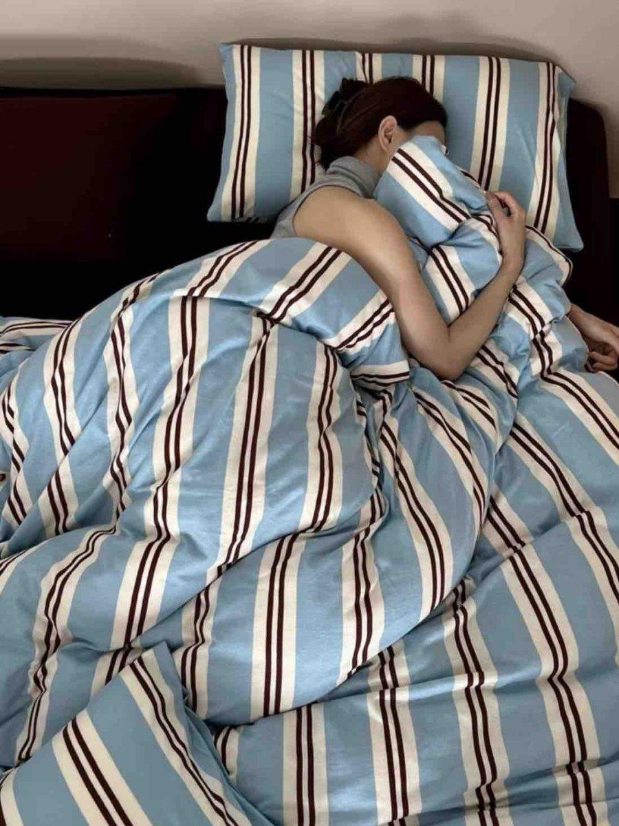 Retro Jersey Knit Blue Stripe Bedding Set with Pillowcases & Fitted Sheet - PRHOMZ