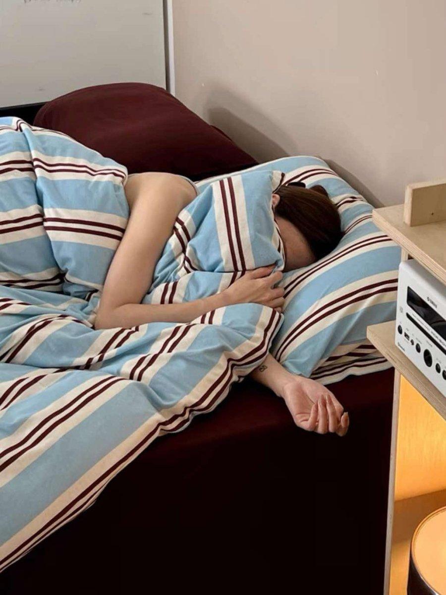 Retro Jersey Knit Blue Stripe Bedding Set with Pillowcases & Fitted Sheet - PRHOMZ