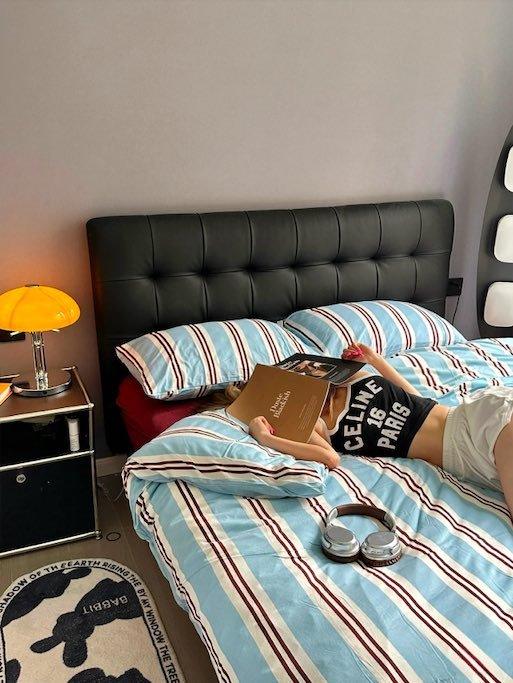 Retro Jersey Knit Blue Stripe Bedding Set with Pillowcases & Fitted Sheet - PRHOMZ