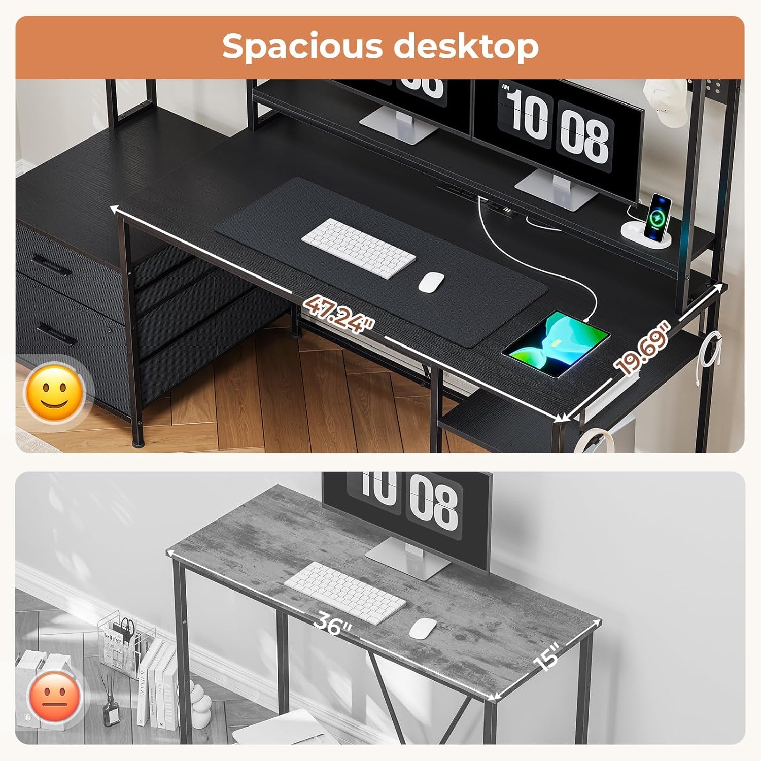 Reversible Gaming Desk with Power Outlets and LED Light