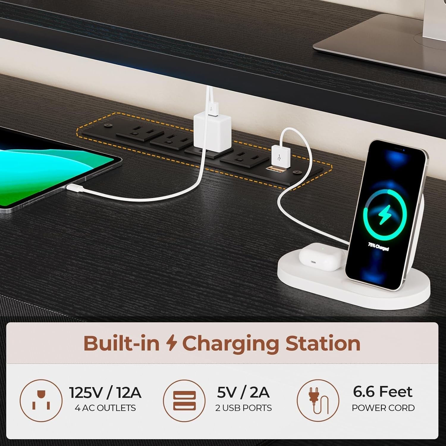 Reversible Gaming Desk with Power Outlets and LED Light