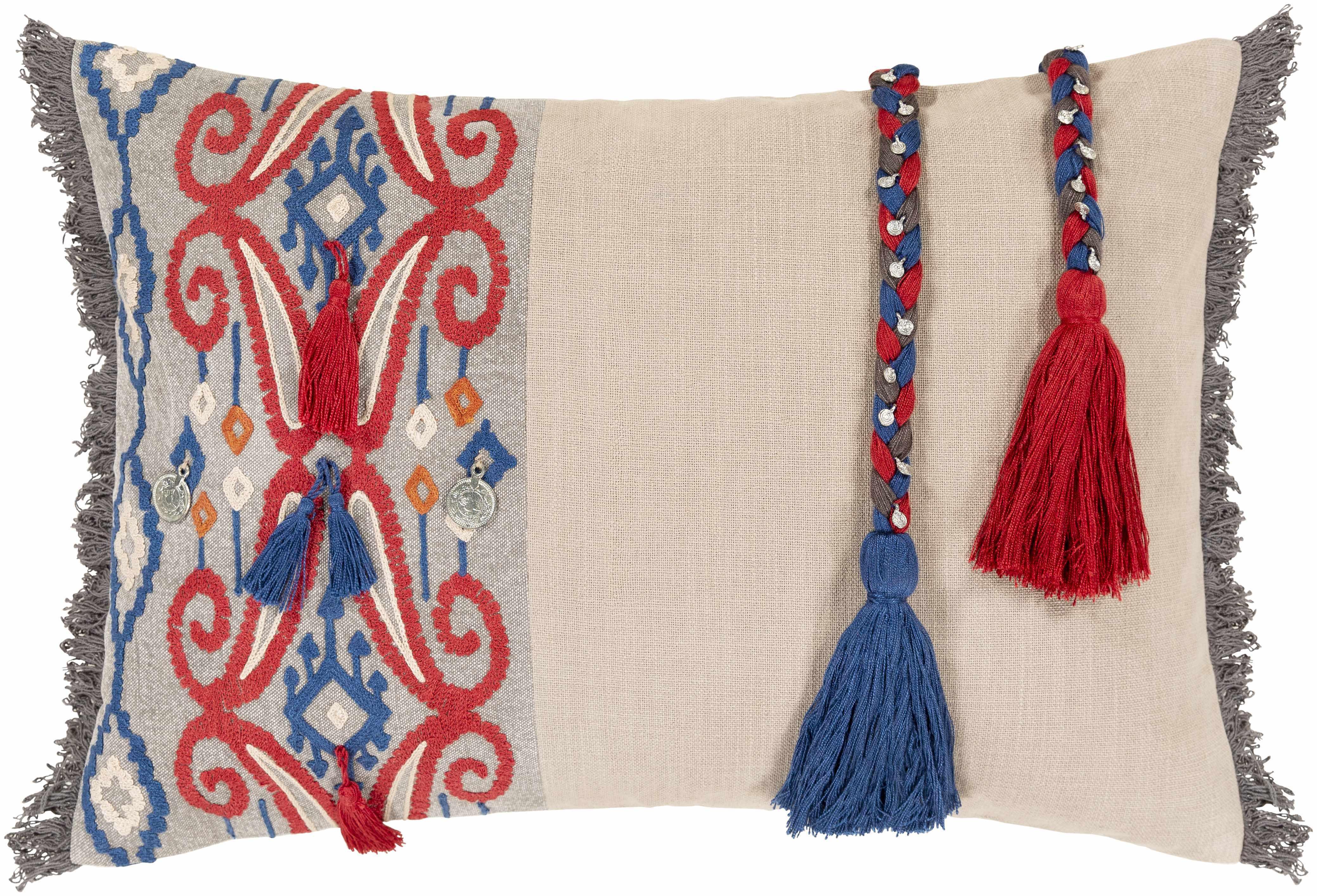 Rogerson Tassel Embroidered Beige Lumbar Pillow - Clearance - PRHOMZ