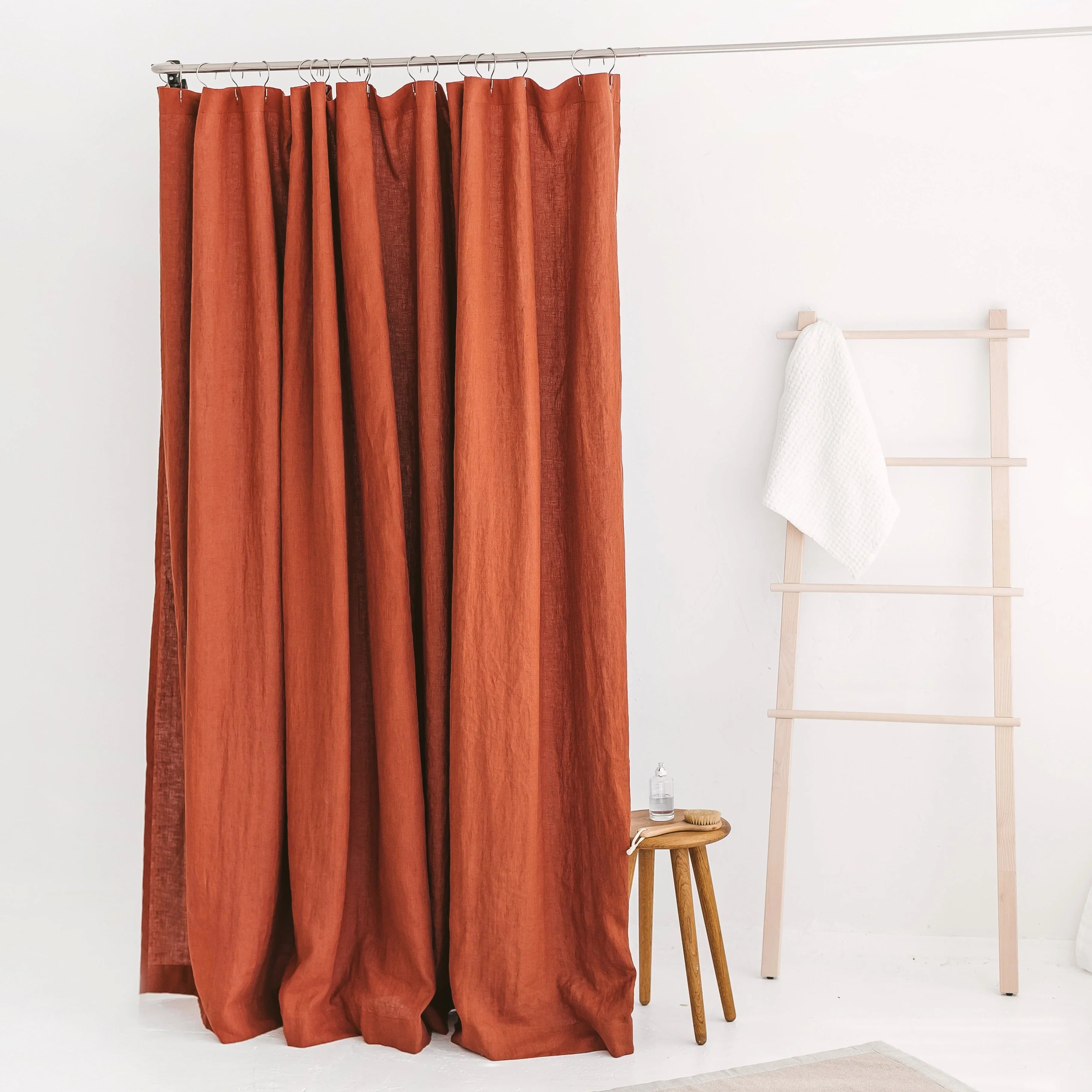 Pure Linen Shower Curtain - Rust Orange, Natural Textured Fabric, Breathable & Quick Dry, Elegant Bathroom Decor, Standard & Extended Sizes-0