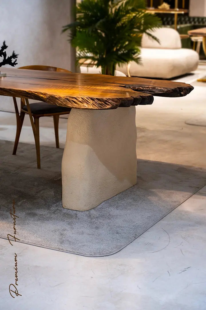 Wabi Sabi Style Luxury Solid Wood Walnut Table with Stone Inspired Legs