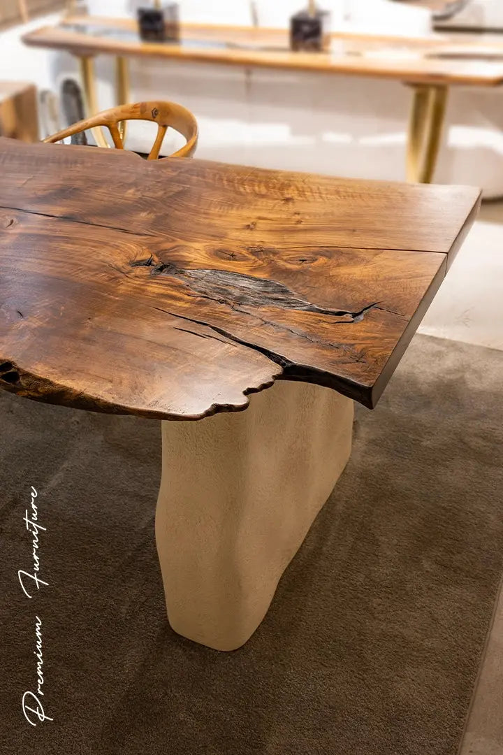 Wabi Sabi Style Luxury Solid Wood Walnut Table with Stone Inspired Legs
