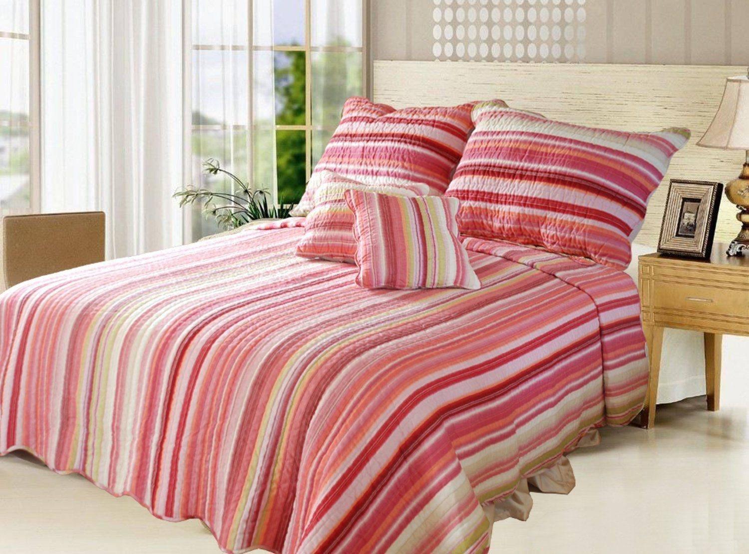 Lovely Stunning Stripes Red & Pink Reversible Quilted Coverlet Bedspread Set