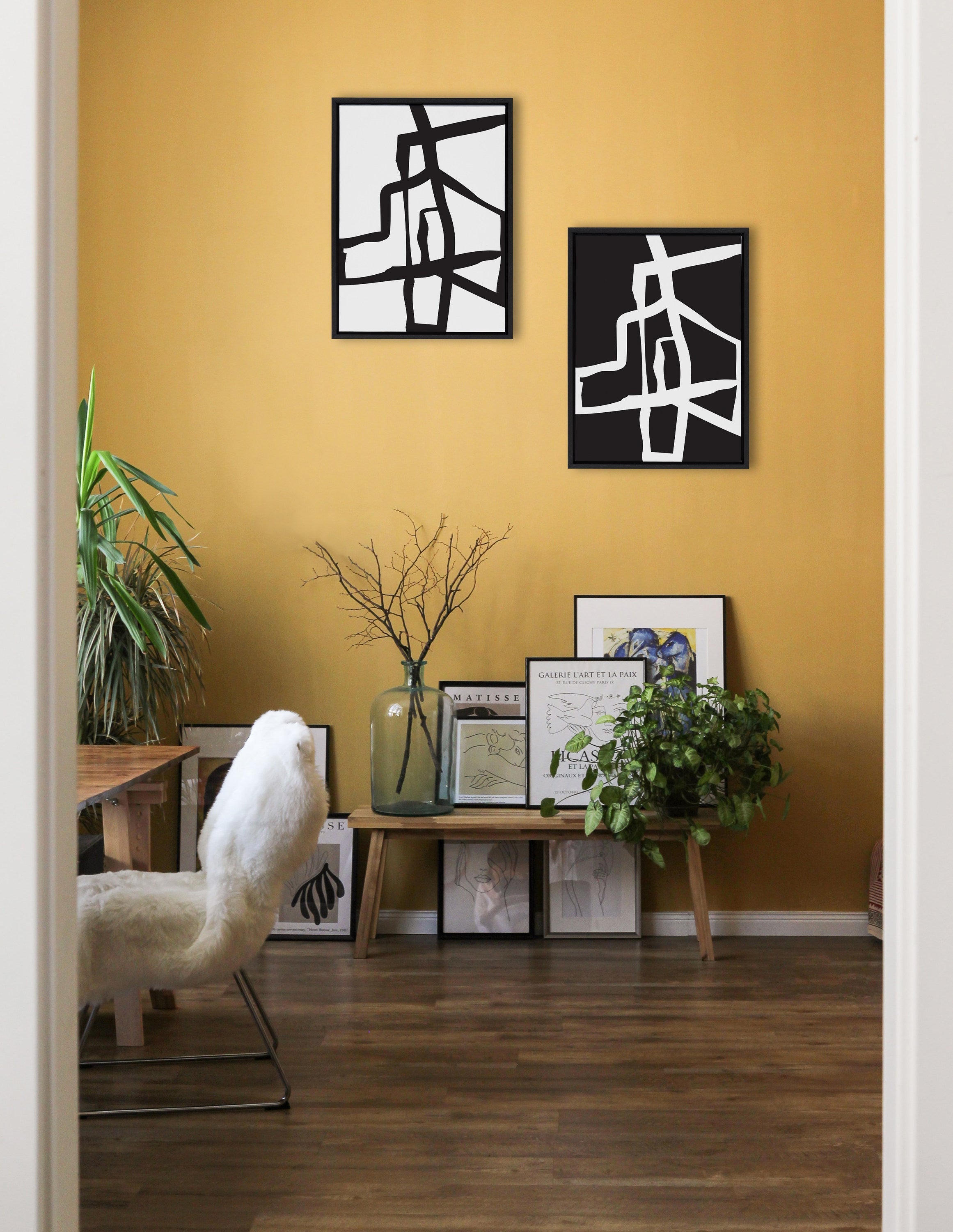 Sylvie Bold Sophisticated Abstract Black and White Stroke Framed Canvas Art Set by The Creative Bunch Studio