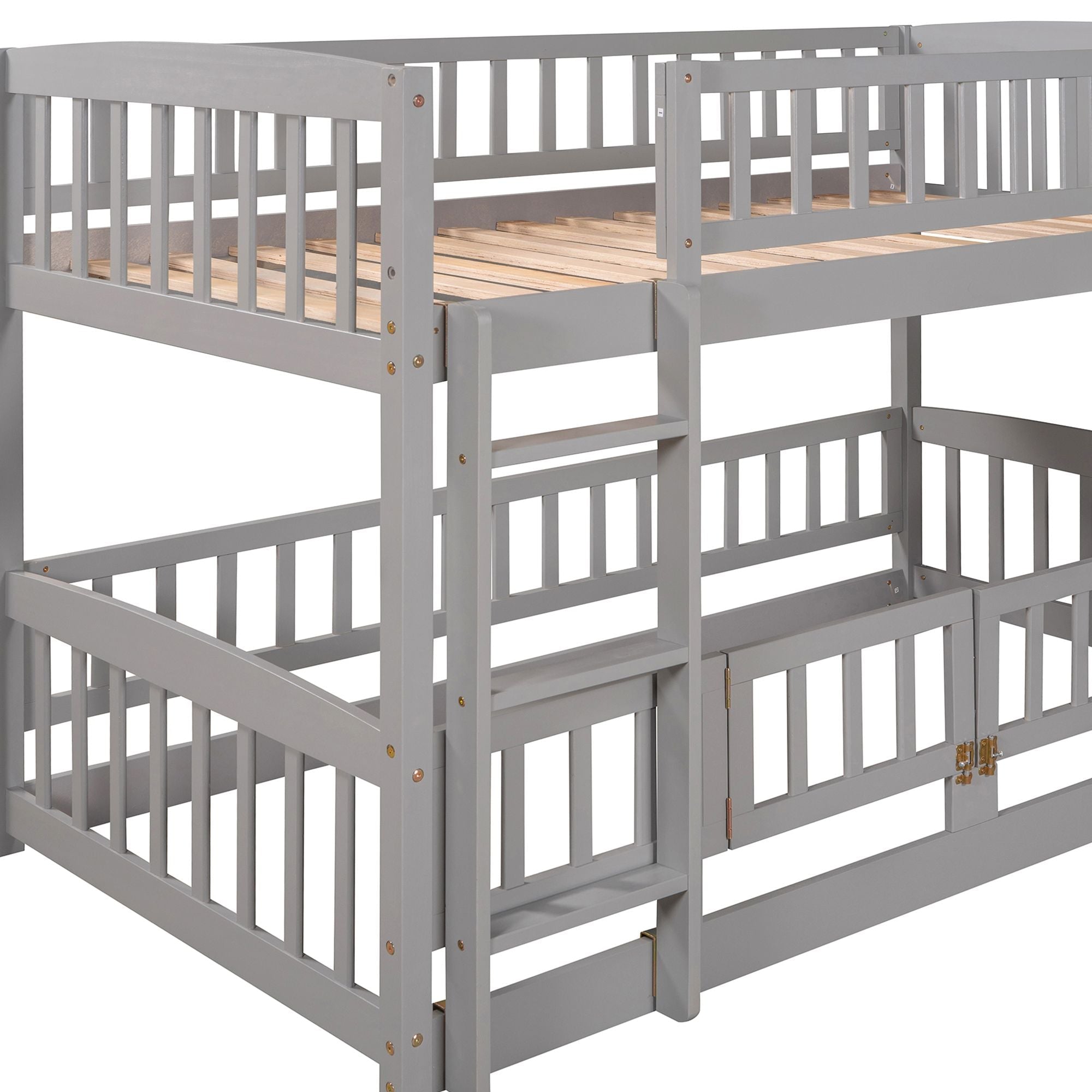 Safe and Fun Twin Over Twin Wood Low Bunk Bed with Slide, Fence, Ladder in White, Grey, Espresso | Just Better Bunk Beds