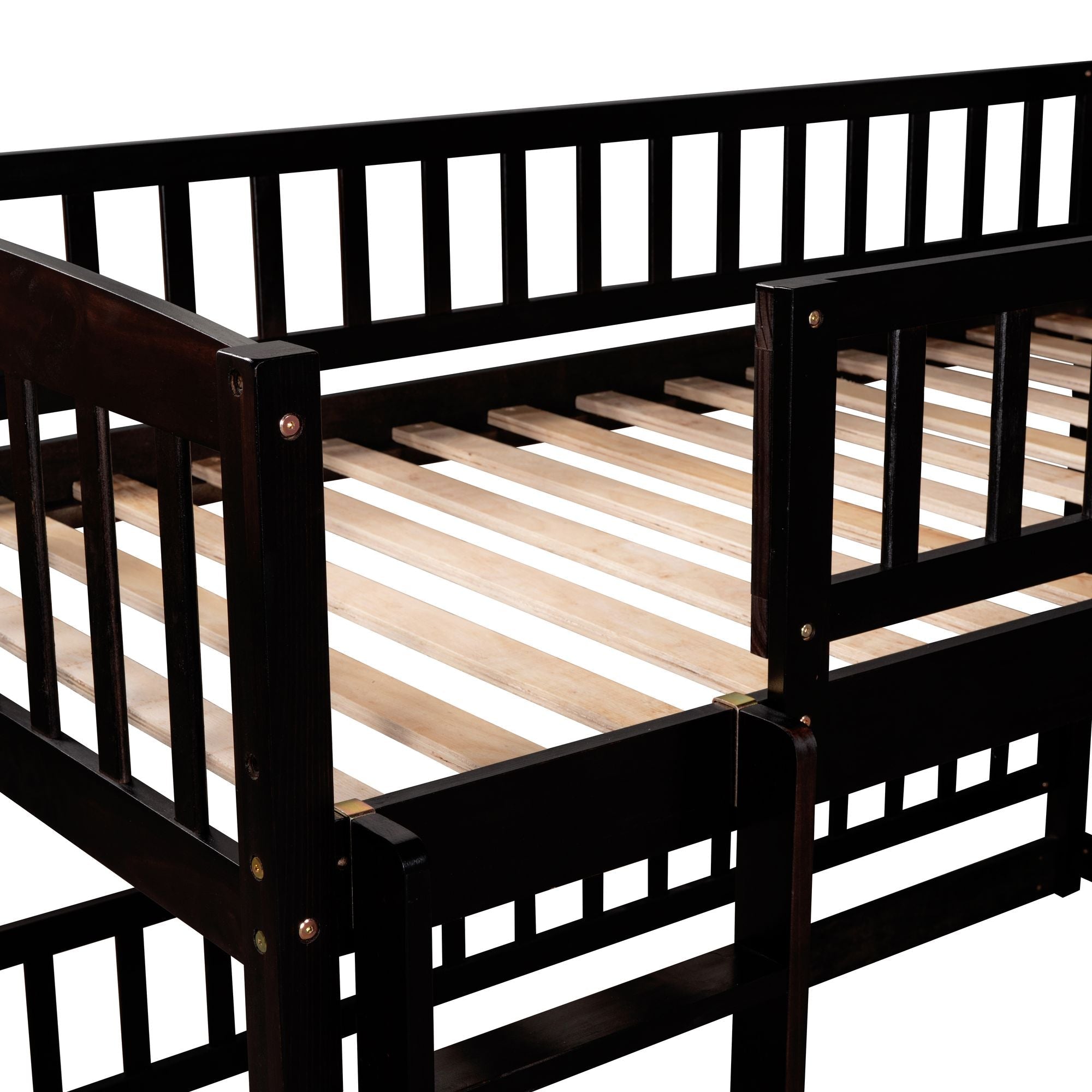 Safe and Fun Twin Over Twin Wood Low Bunk Bed with Slide, Fence, Ladder in White, Grey, Espresso | Just Better Bunk Beds