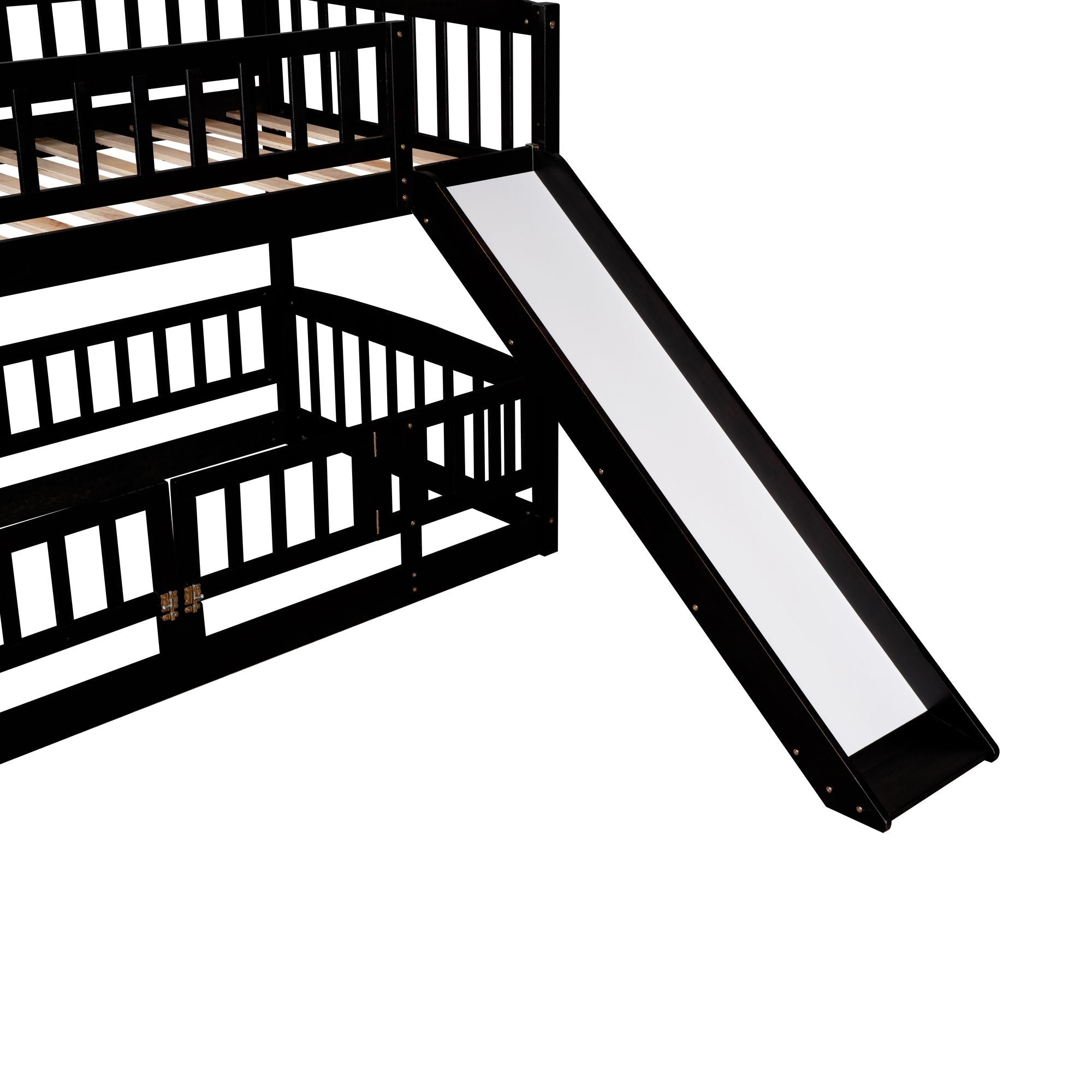 Safe and Fun Twin Over Twin Wood Low Bunk Bed with Slide, Fence, Ladder in White, Grey, Espresso | Just Better Bunk Beds