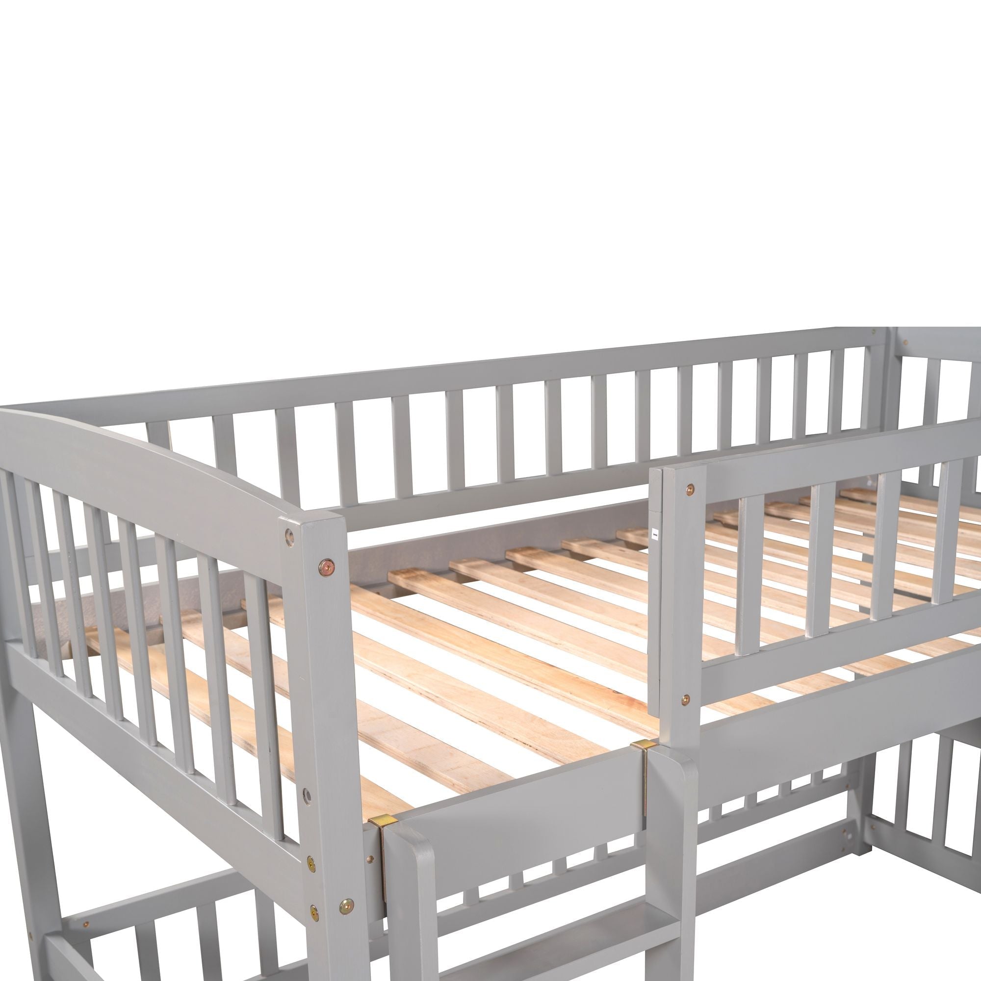 Safe and Fun Twin Over Twin Wood Low Bunk Bed with Slide, Fence, Ladder in White, Grey, Espresso | Just Better Bunk Beds