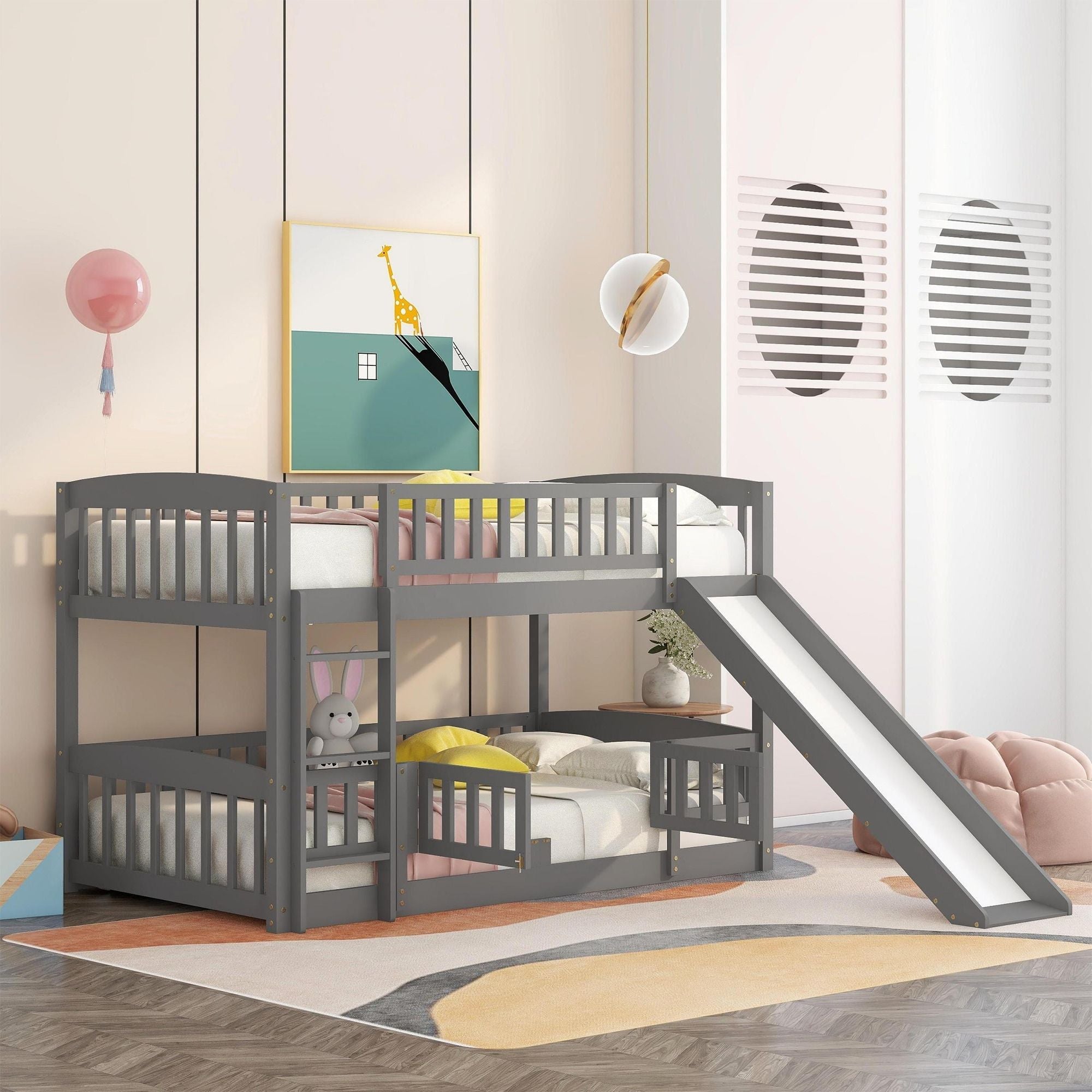Safe and Fun Twin Over Twin Wood Low Bunk Bed with Slide, Fence, Ladder in White, Grey, Espresso | Just Better Bunk Beds