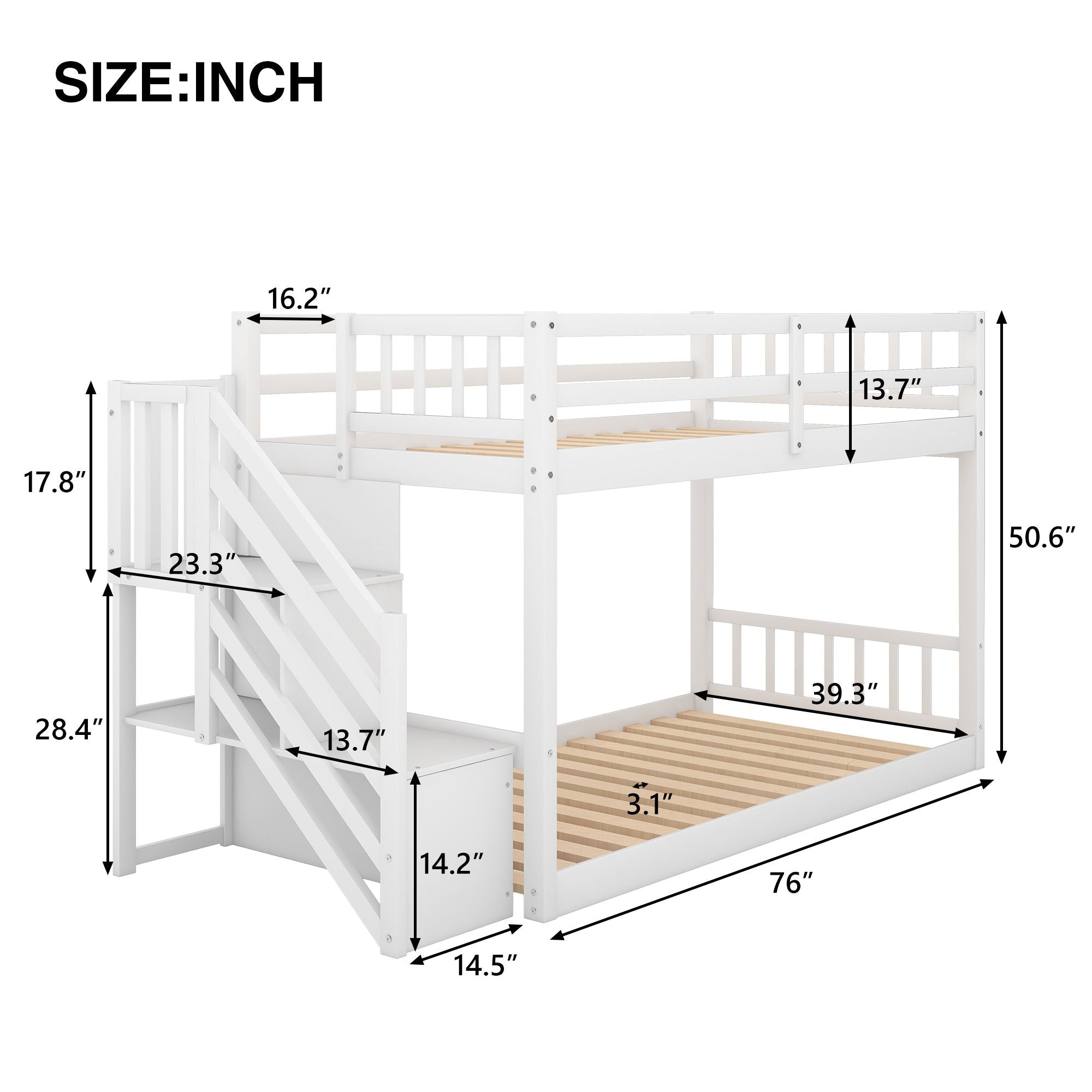 Safe Floor-Level Twin Over Twin Wood Bunk Bed with Ladder Storage, Gray or White | Just Better Bunk Beds