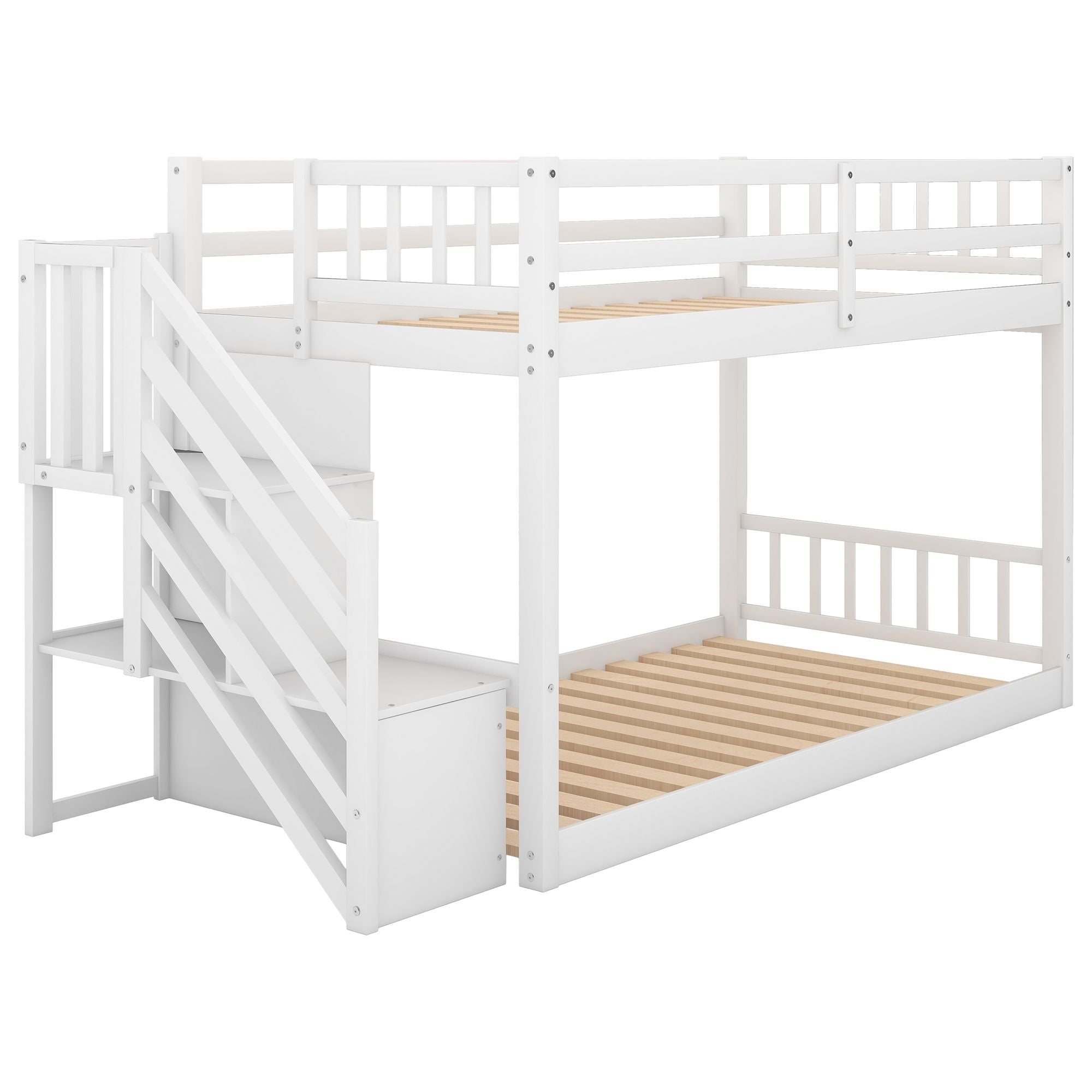 Safe Floor-Level Twin Over Twin Wood Bunk Bed with Ladder Storage, Gray or White | Just Better Bunk Beds