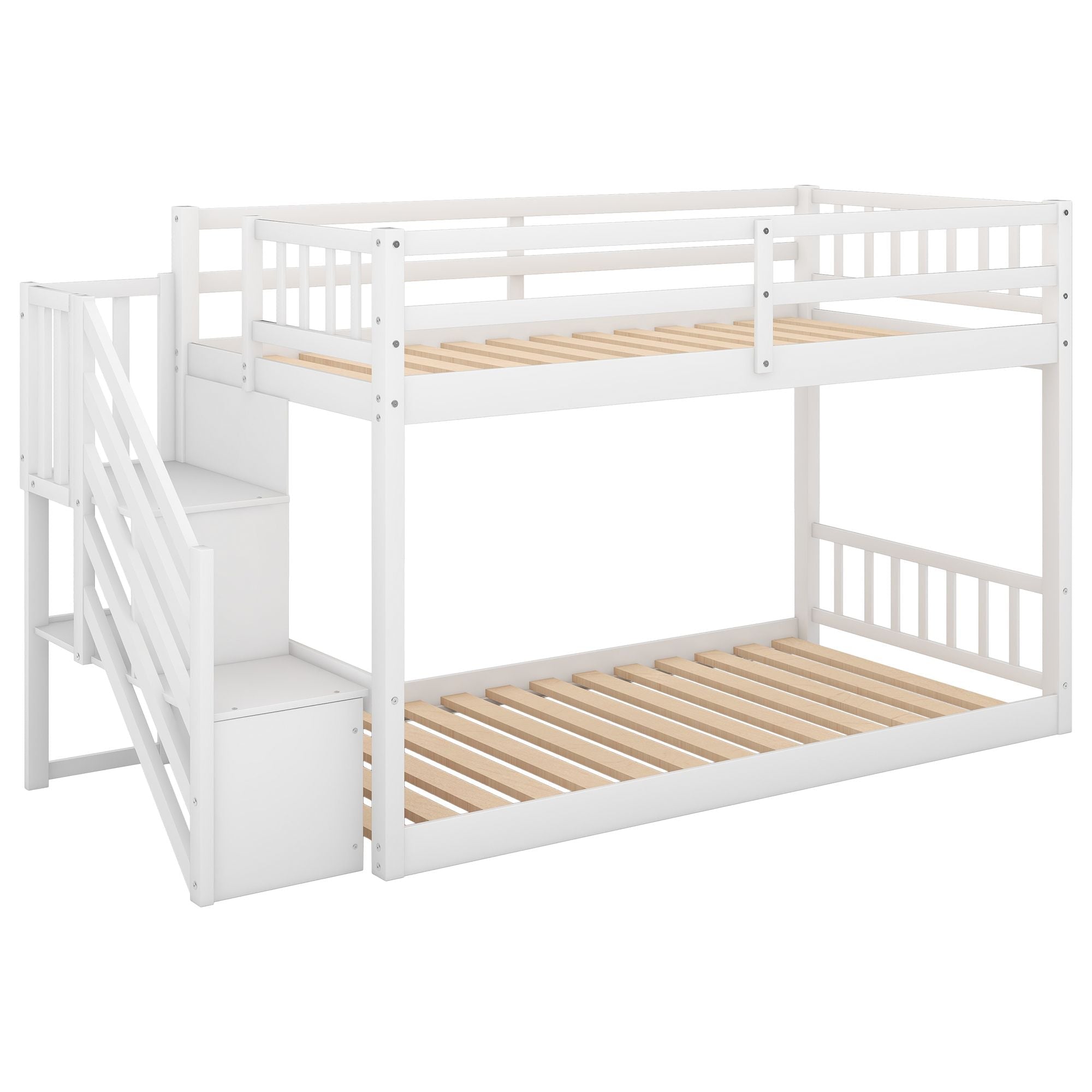 Safe Floor-Level Twin Over Twin Wood Bunk Bed with Ladder Storage, Gray or White | Just Better Bunk Beds