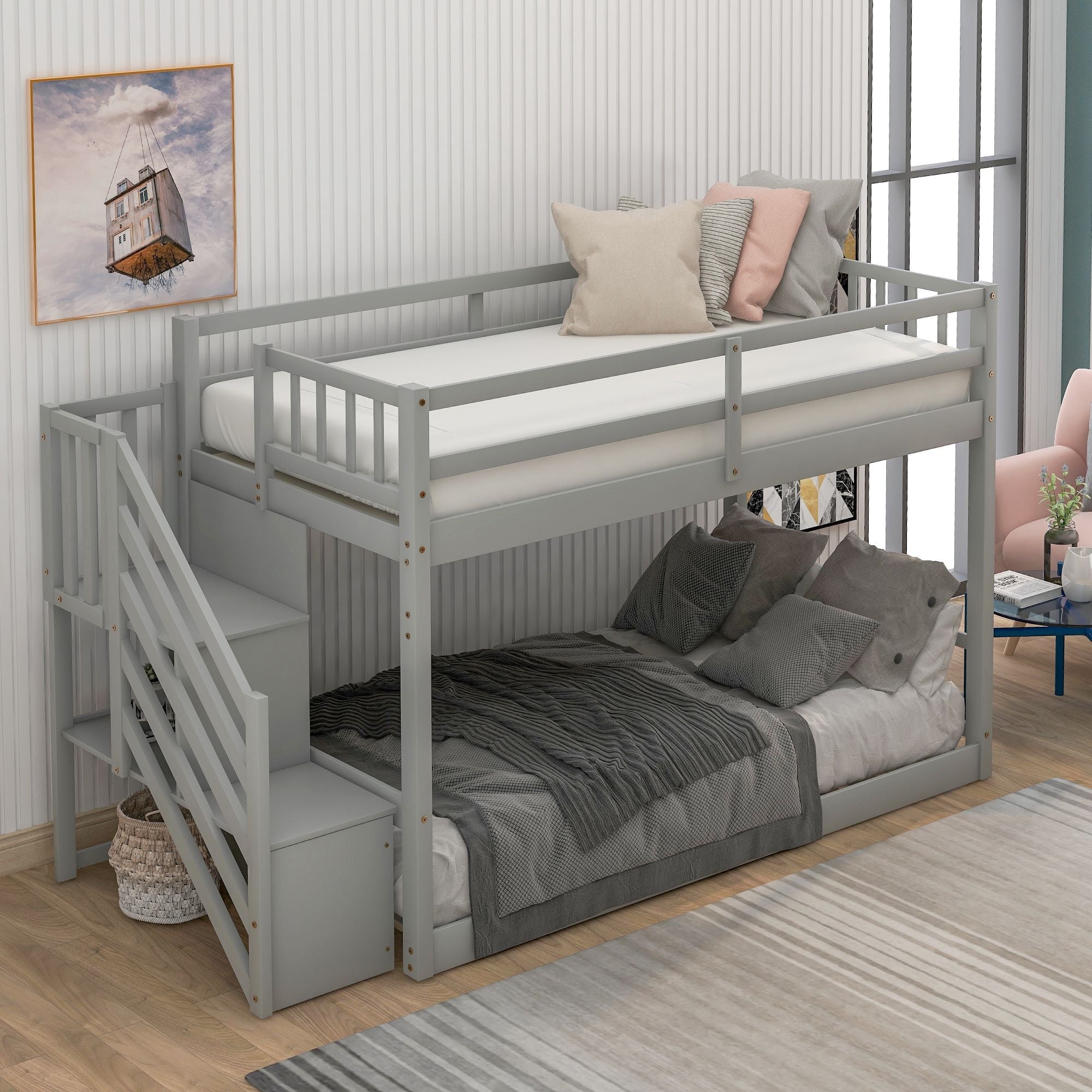 Safe Floor-Level Twin Over Twin Wood Bunk Bed with Ladder Storage, Gray or White | Just Better Bunk Beds