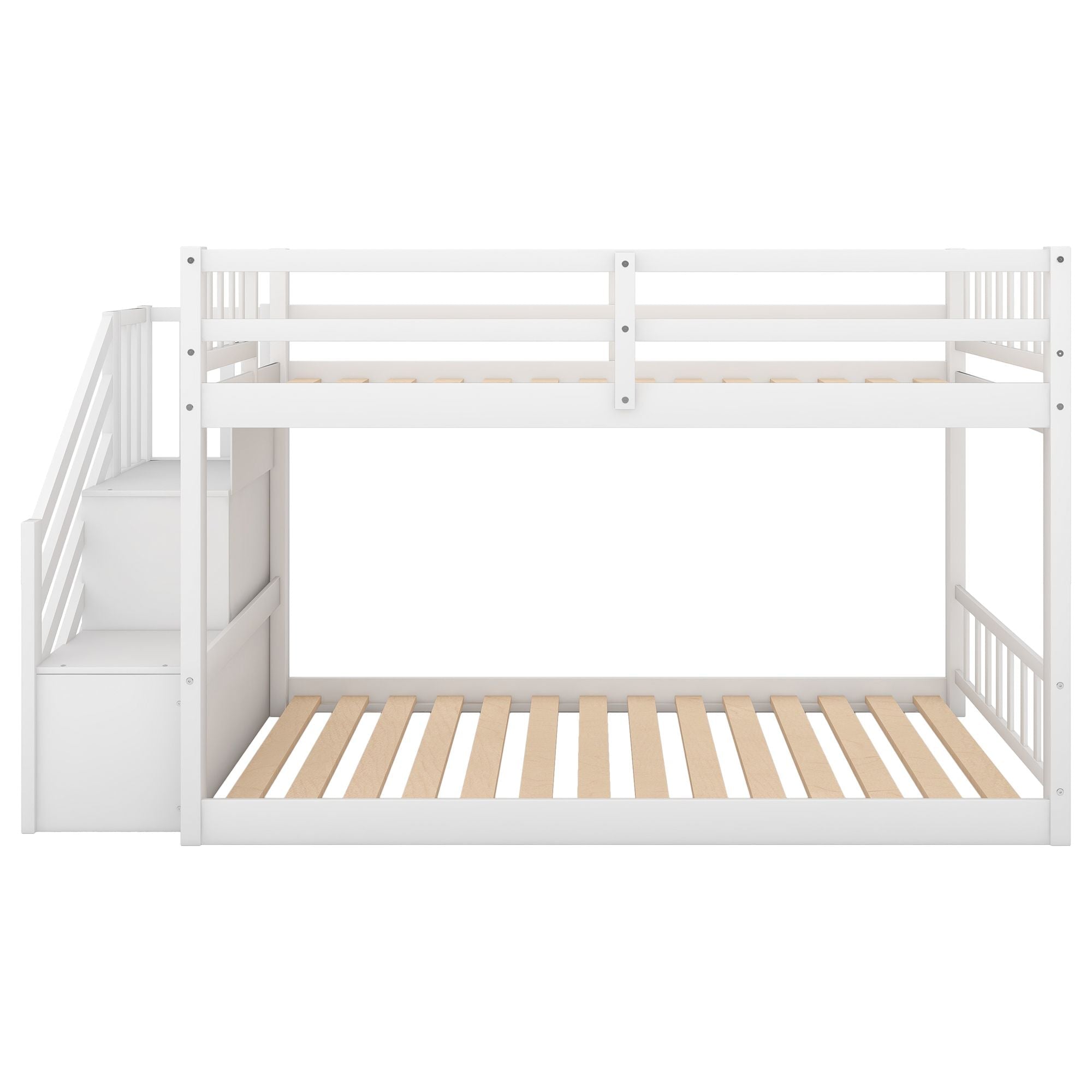 Safe Floor-Level Twin Over Twin Wood Bunk Bed with Ladder Storage, Gray or White | Just Better Bunk Beds