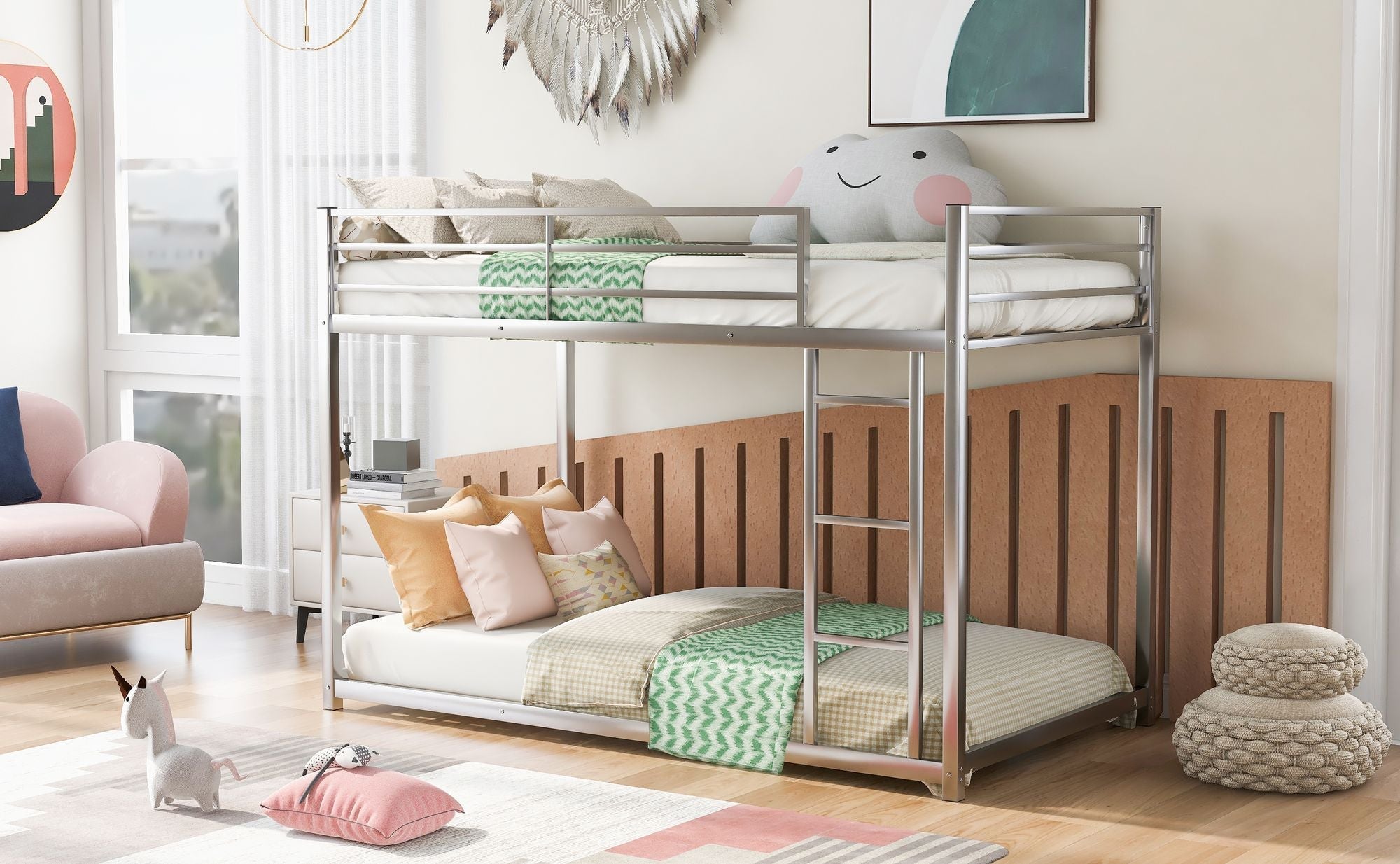 Safe Low Profile Twin Over Twin Metal Bunk Bed with Ladder in Black, White, or Silver | Just Better Bunk Beds