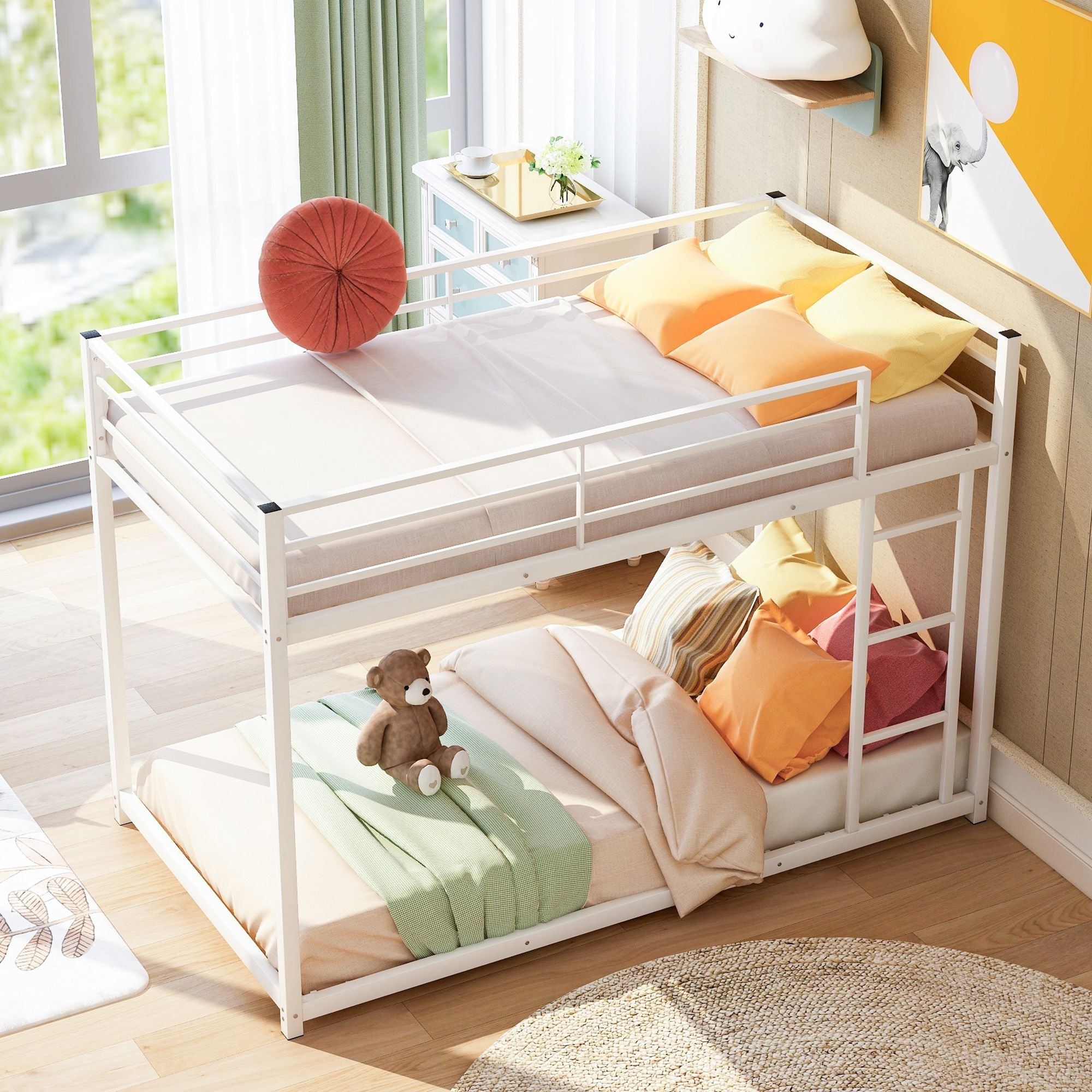 Safe Low Profile Twin Over Twin Metal Bunk Bed with Ladder in Black, White, or Silver | Just Better Bunk Beds