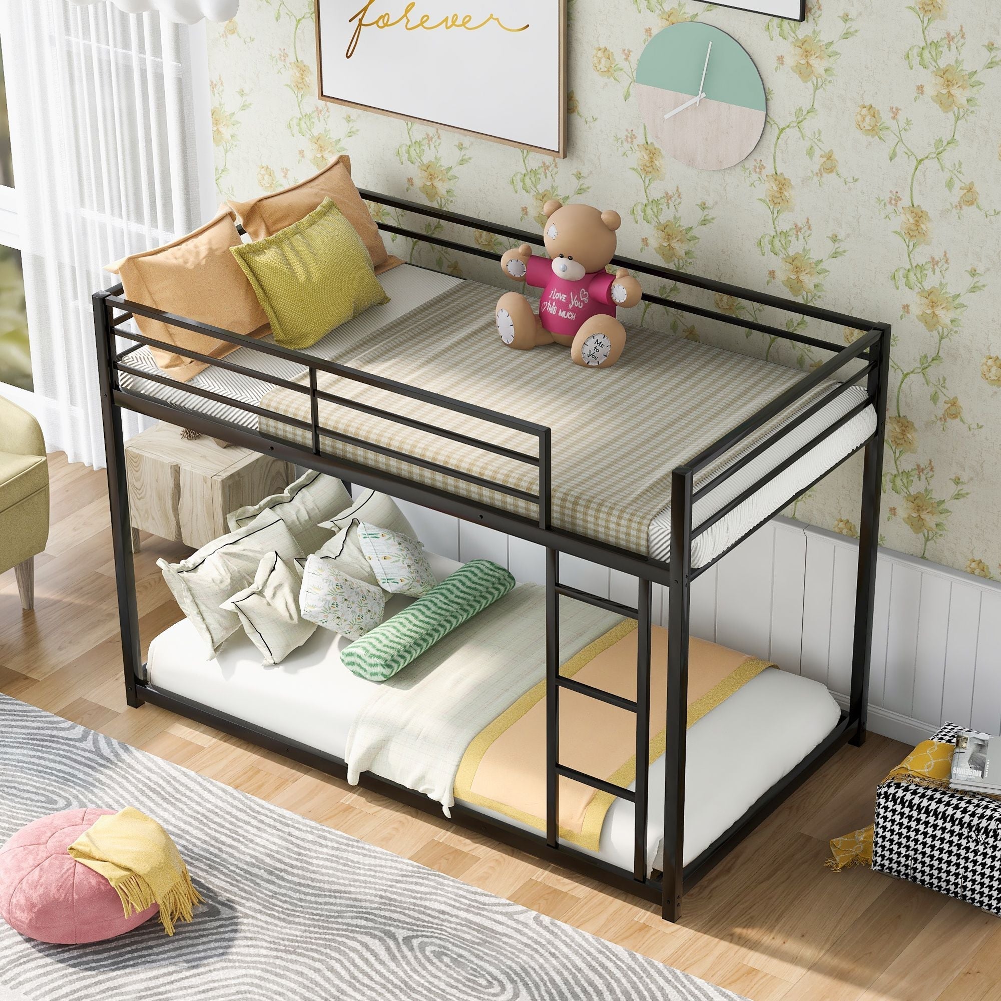 Safe Low Profile Twin Over Twin Metal Bunk Bed with Ladder in Black, White, or Silver | Just Better Bunk Beds