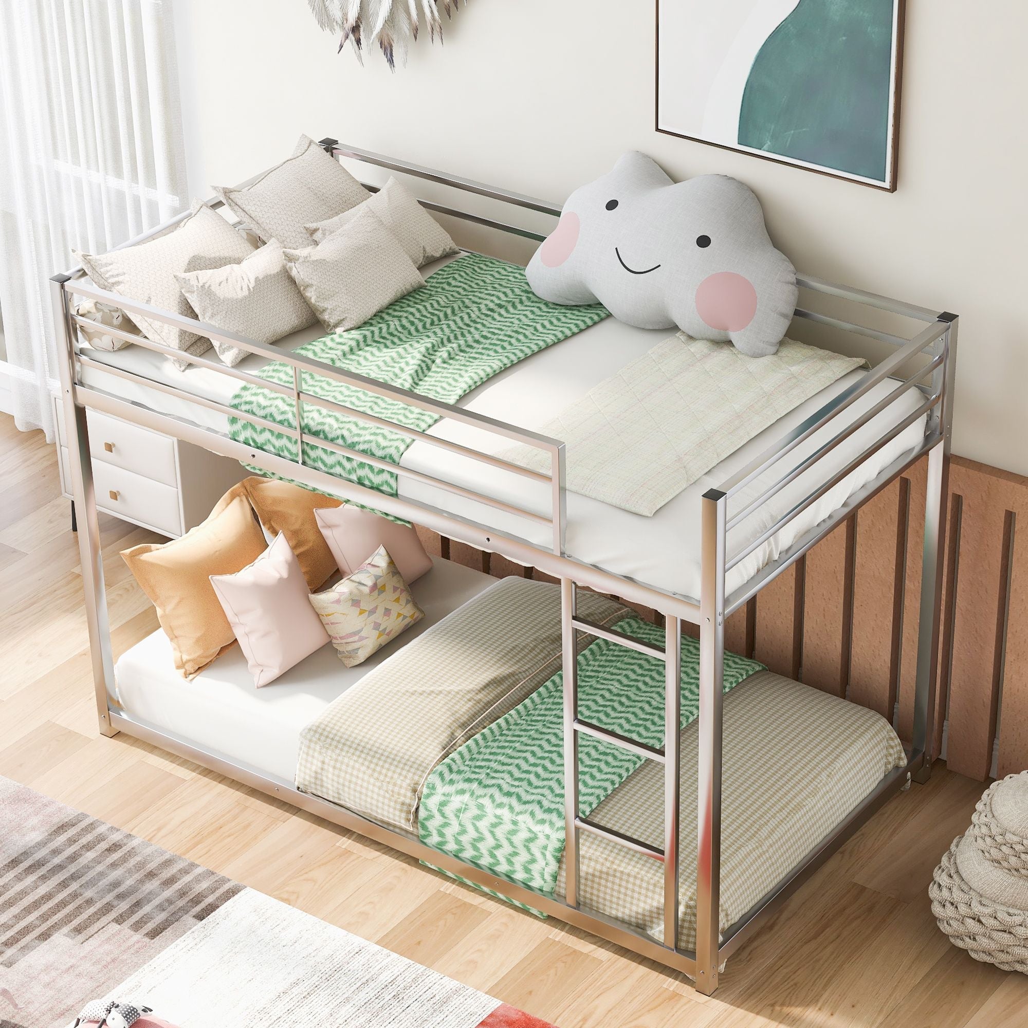 Safe Low Profile Twin Over Twin Metal Bunk Bed with Ladder in Black, White, or Silver | Just Better Bunk Beds