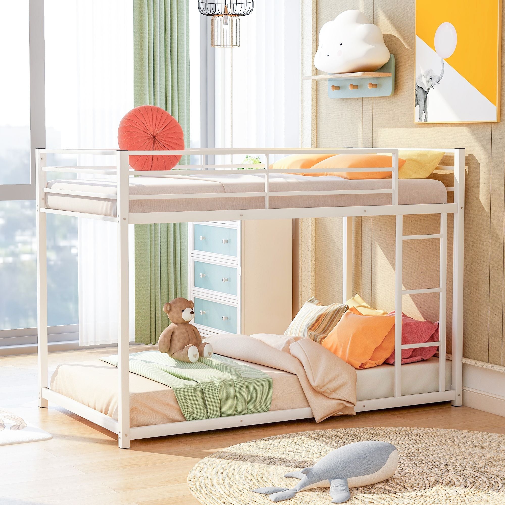 Safe Low Profile Twin Over Twin Metal Bunk Bed with Ladder in Black, White, or Silver | Just Better Bunk Beds