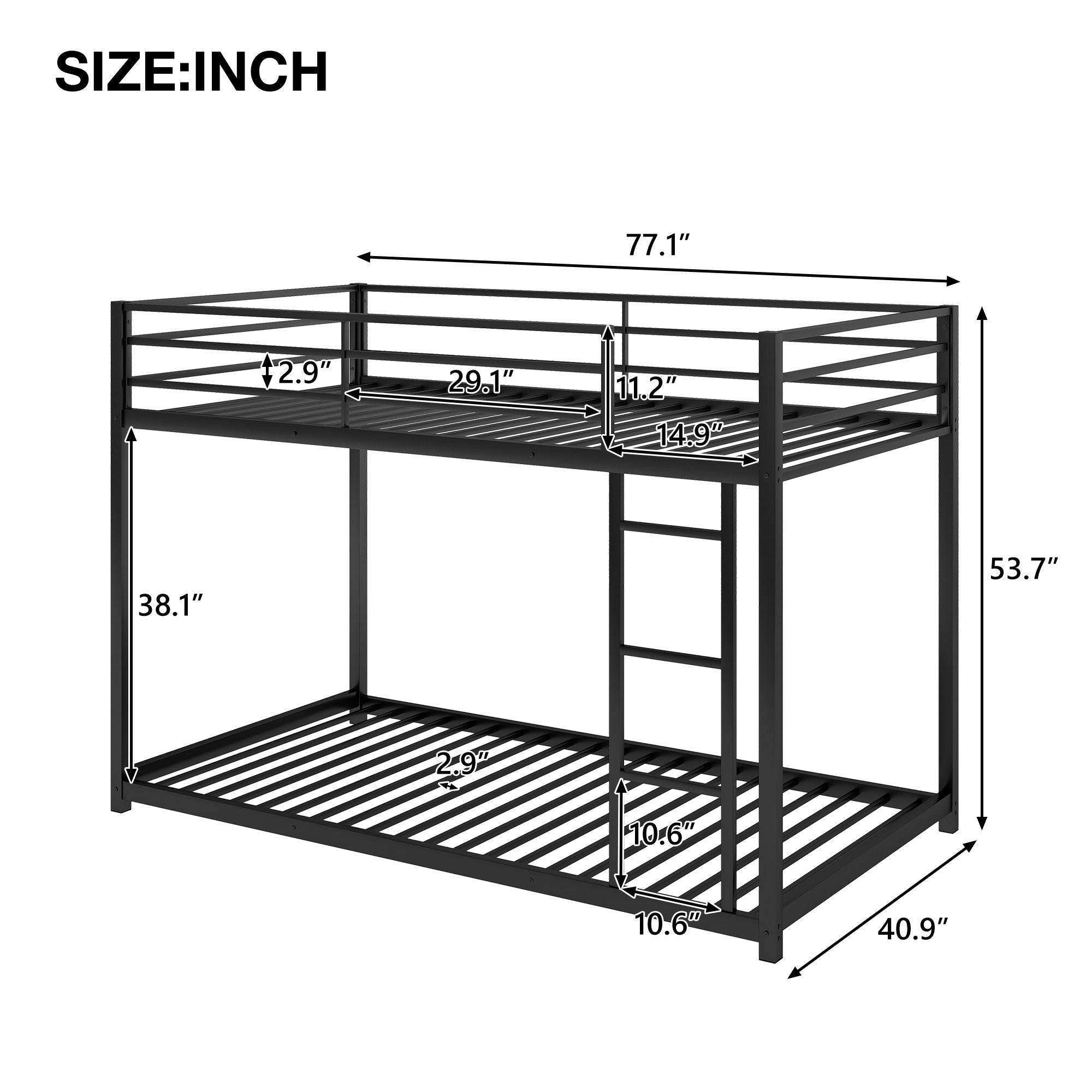 Safe Low Profile Twin Over Twin Metal Bunk Bed with Ladder in Black, White, or Silver | Just Better Bunk Beds
