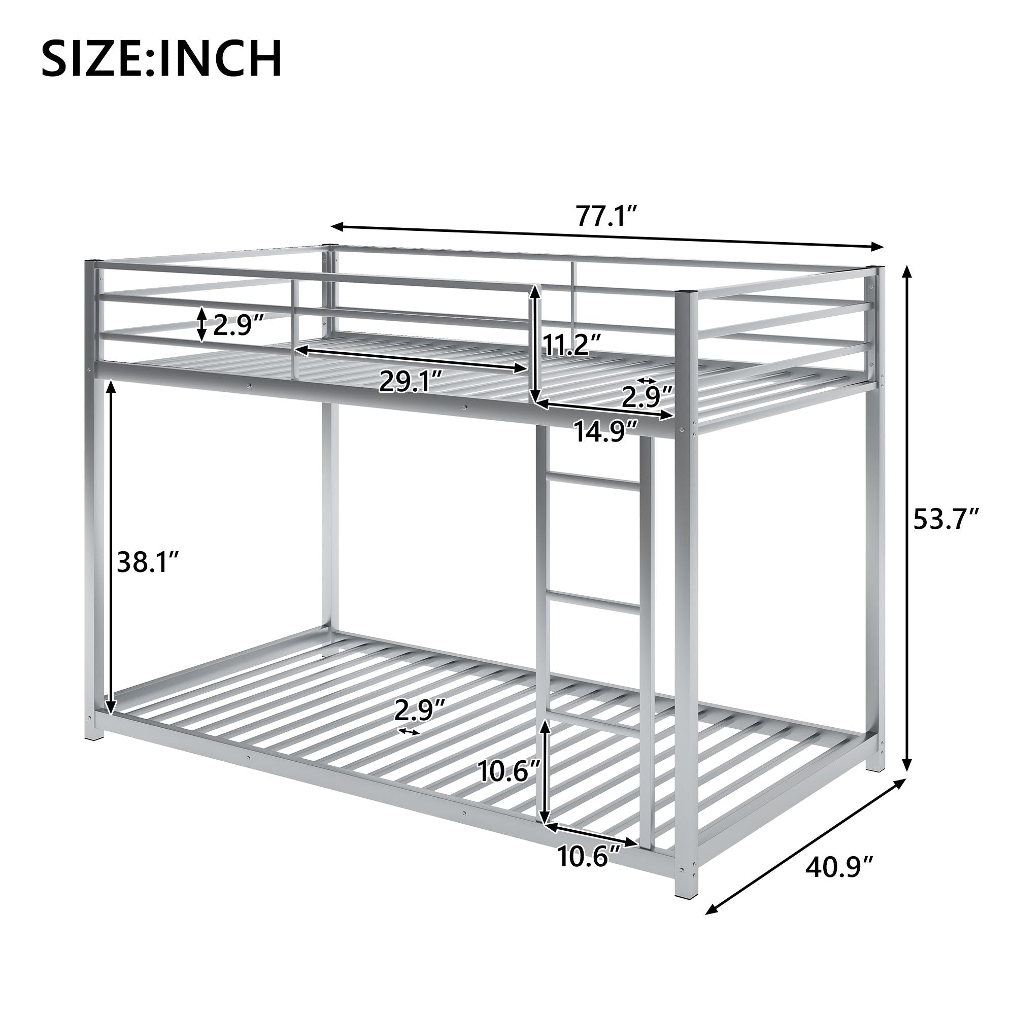 Safe Low Profile Twin Over Twin Metal Bunk Bed with Ladder in Black, White, or Silver | Just Better Bunk Beds
