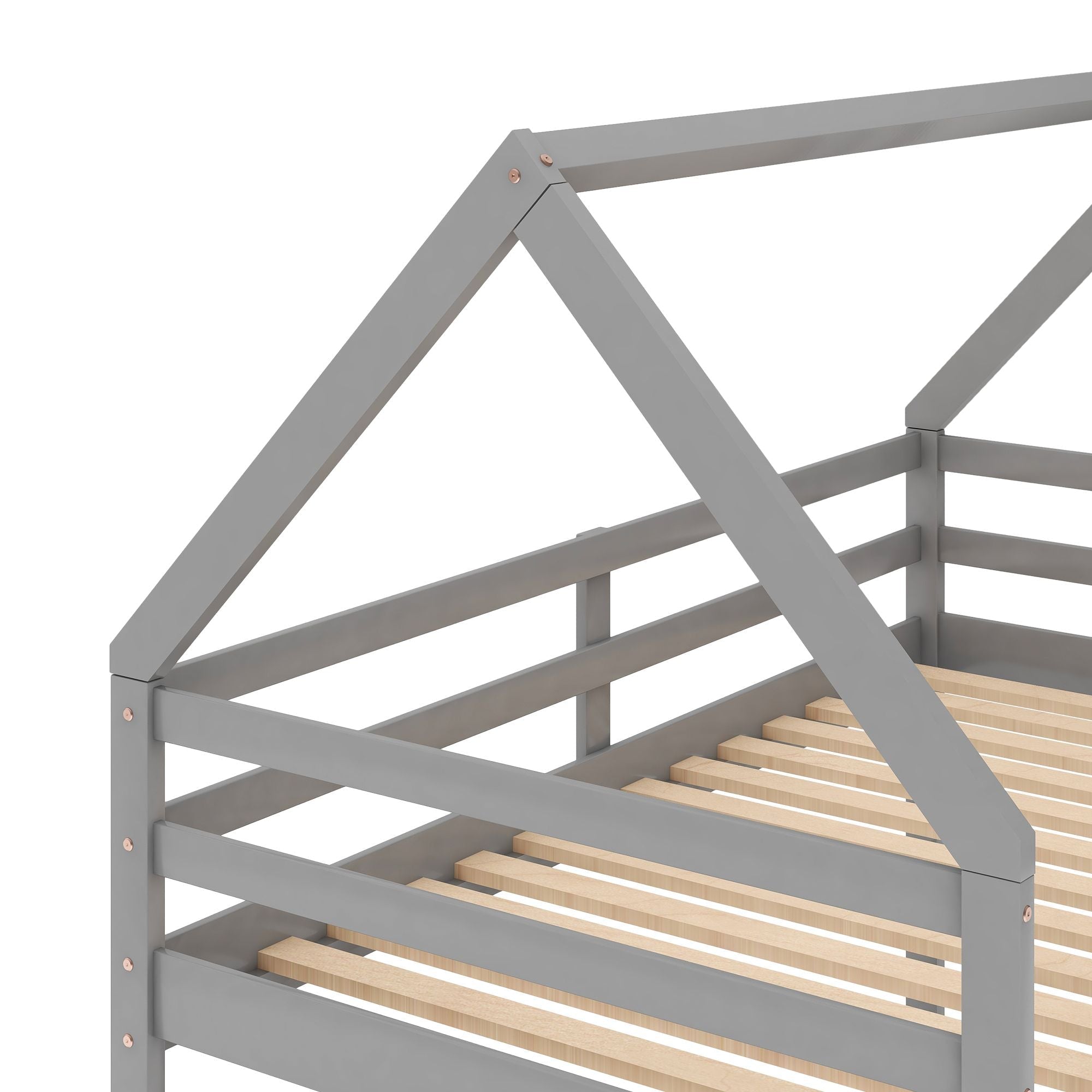 Safe Low Twin over Twin Wood Bunk Bed with House Frame and Ladder in Gray | Just Better Bunk Beds