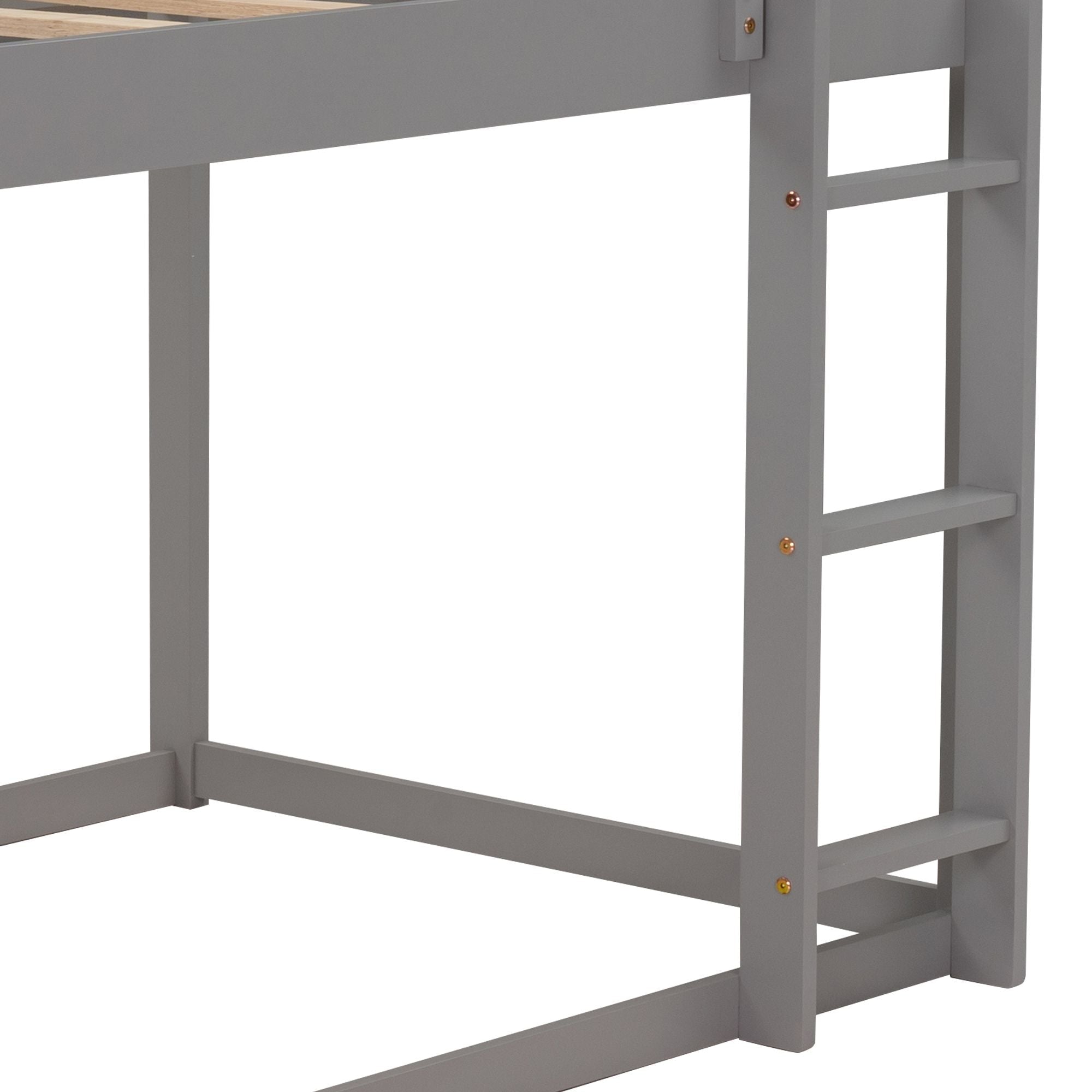 Safe Low Twin over Twin Wood Bunk Bed with House Frame and Ladder in Gray | Just Better Bunk Beds