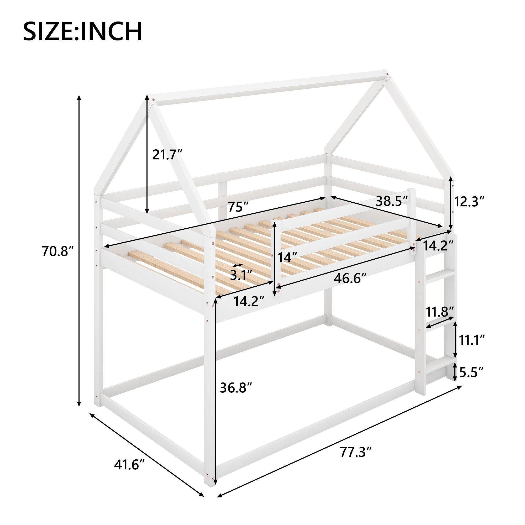 Safe Low Twin Over Twin Wood Bunk Bed with House-Shaped Frame, Ladder, White | Just Better Bunk Beds