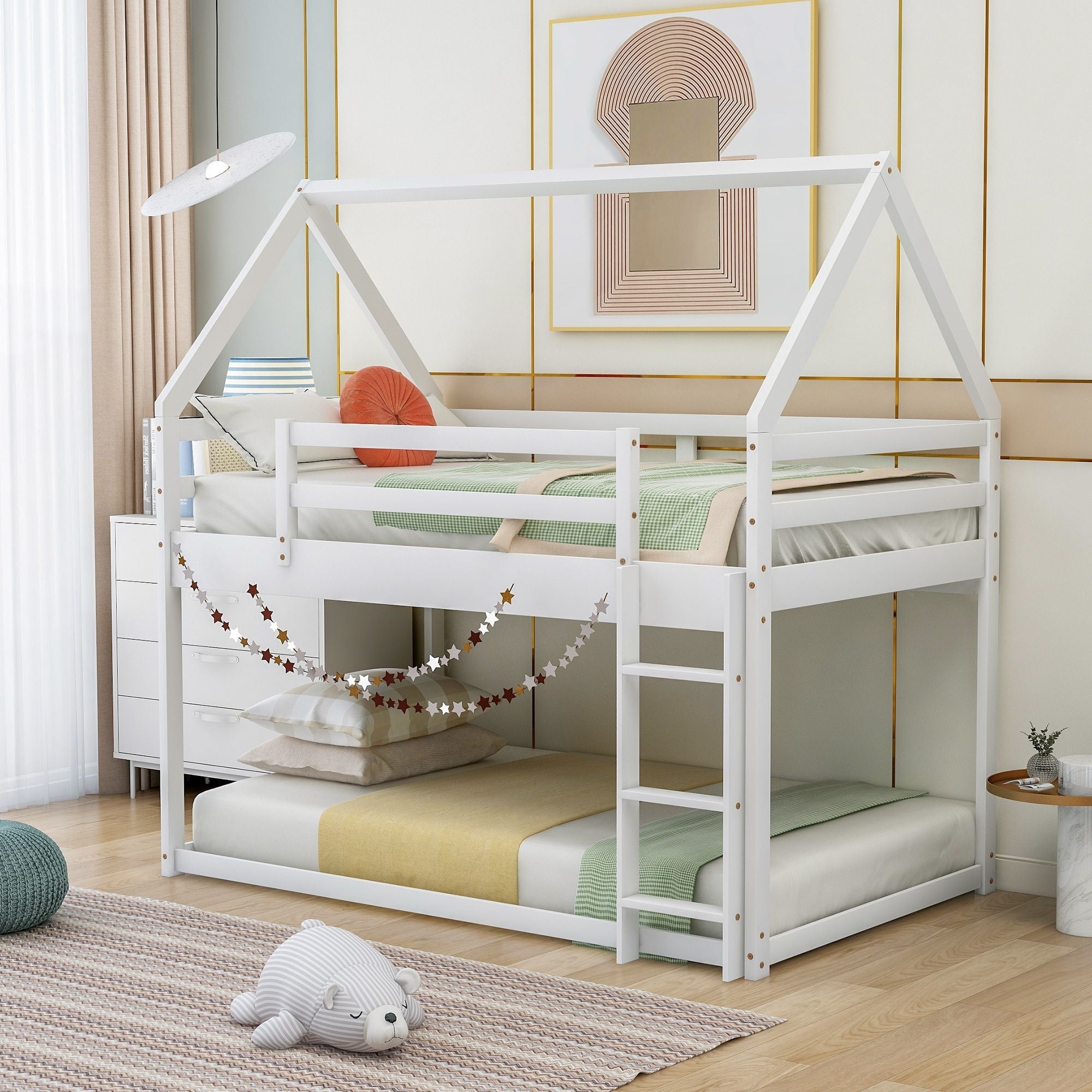 Safe Low Twin Over Twin Wood Bunk Bed with House-Shaped Frame, Ladder, White | Just Better Bunk Beds