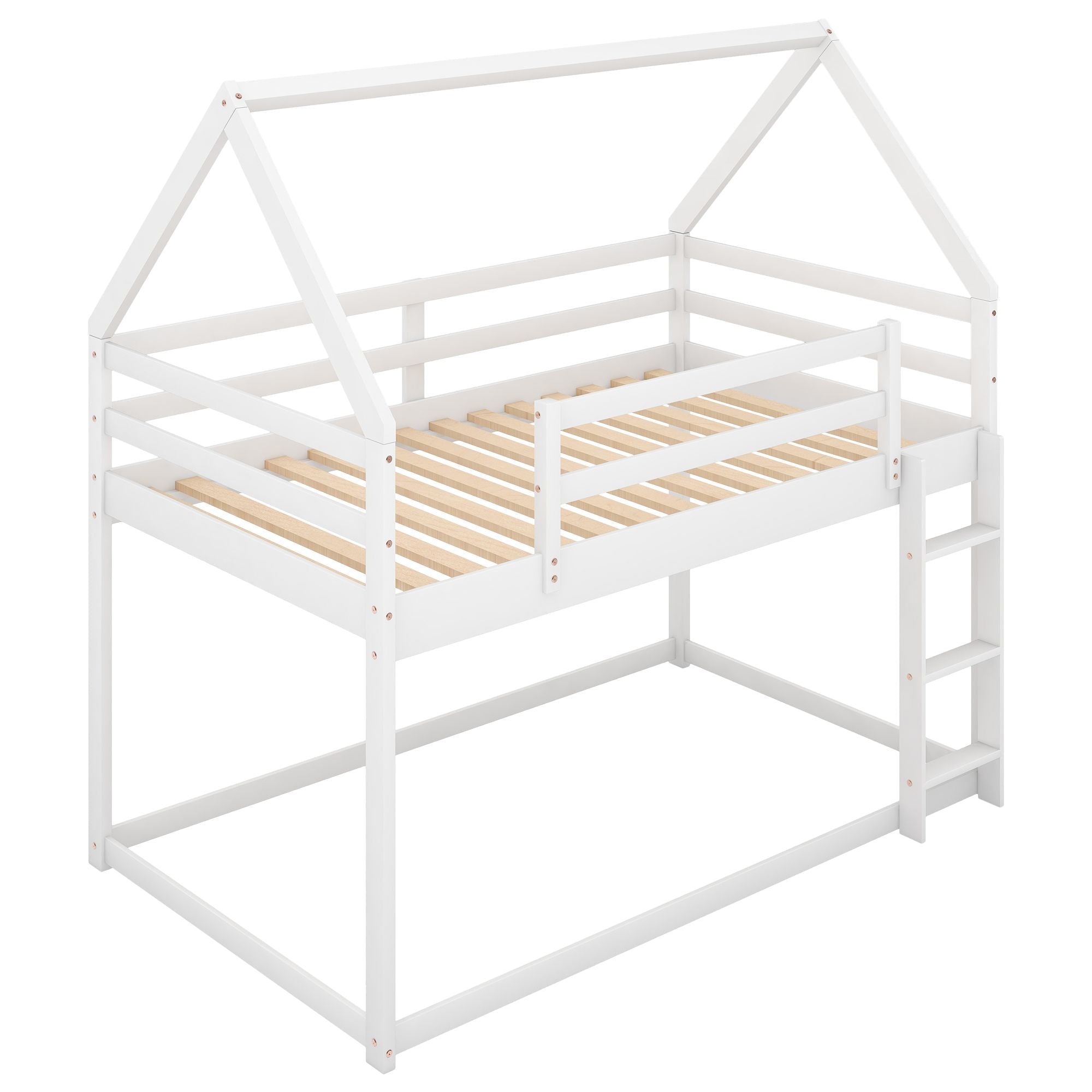 Safe Low Twin Over Twin Wood Bunk Bed with House-Shaped Frame, Ladder, White | Just Better Bunk Beds