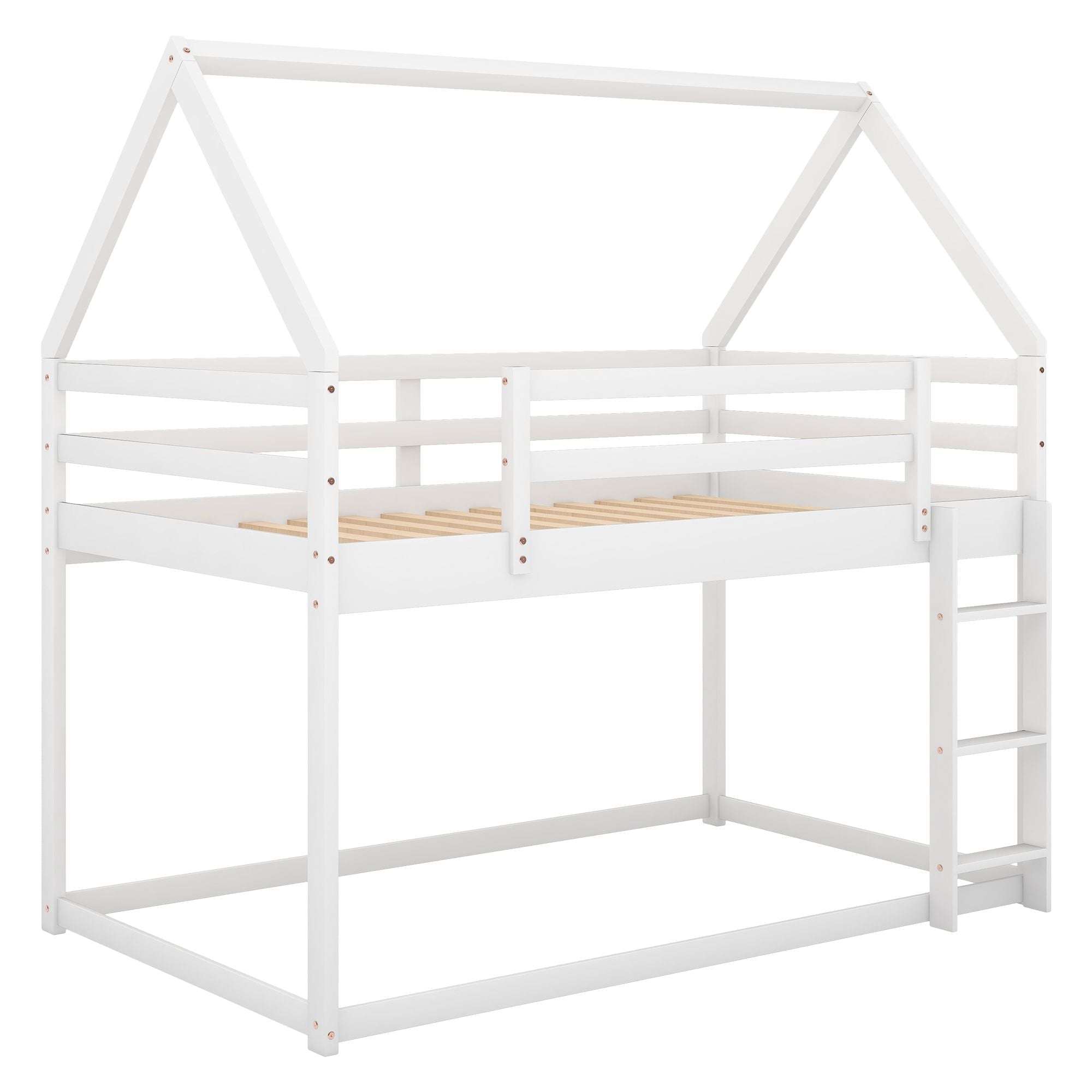 Safe Low Twin Over Twin Wood Bunk Bed with House-Shaped Frame, Ladder, White | Just Better Bunk Beds