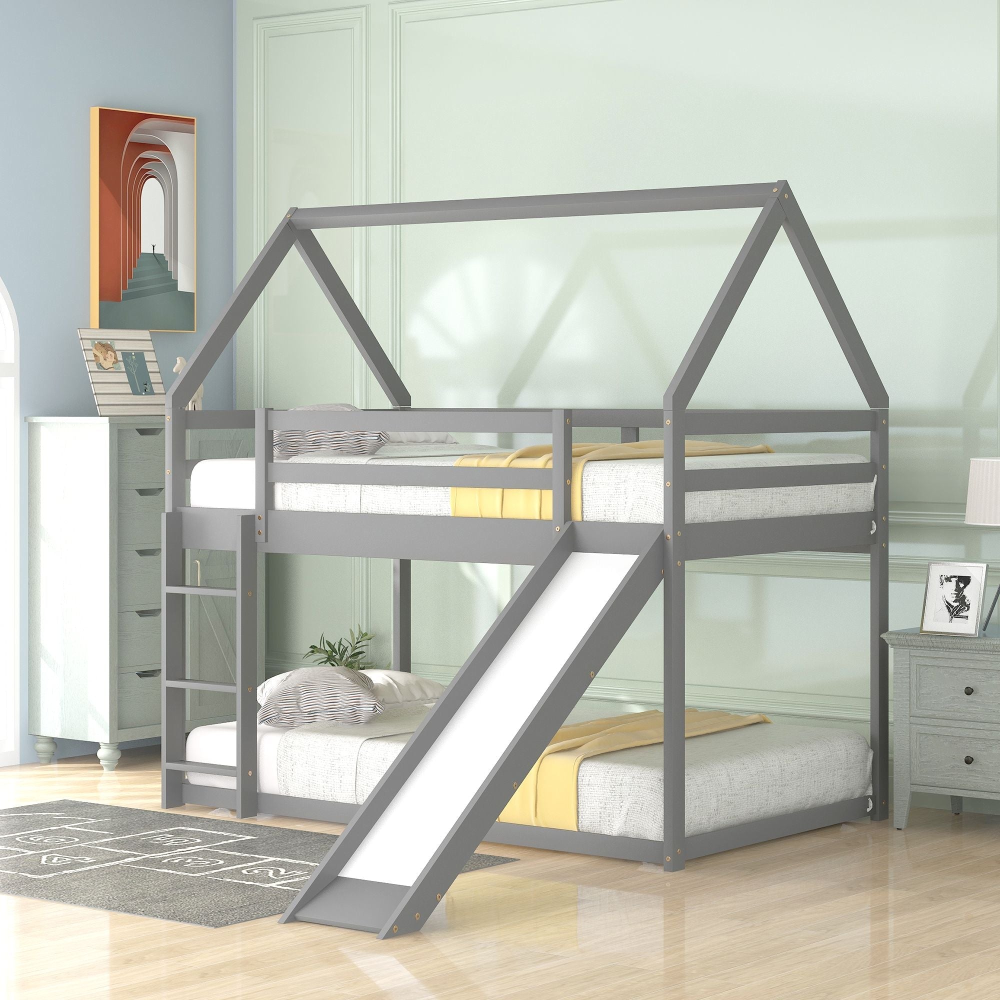 Safe Low Twin Over Twin Wood Bunk Bed with House-Shaped Frame, Ladder, White | Just Better Bunk Beds