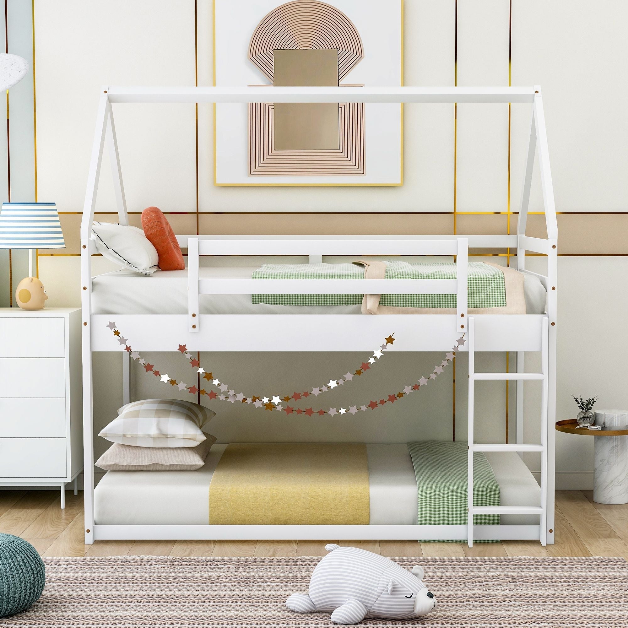 Safe Low Twin Over Twin Wood Bunk Bed with House-Shaped Frame, Ladder, White | Just Better Bunk Beds