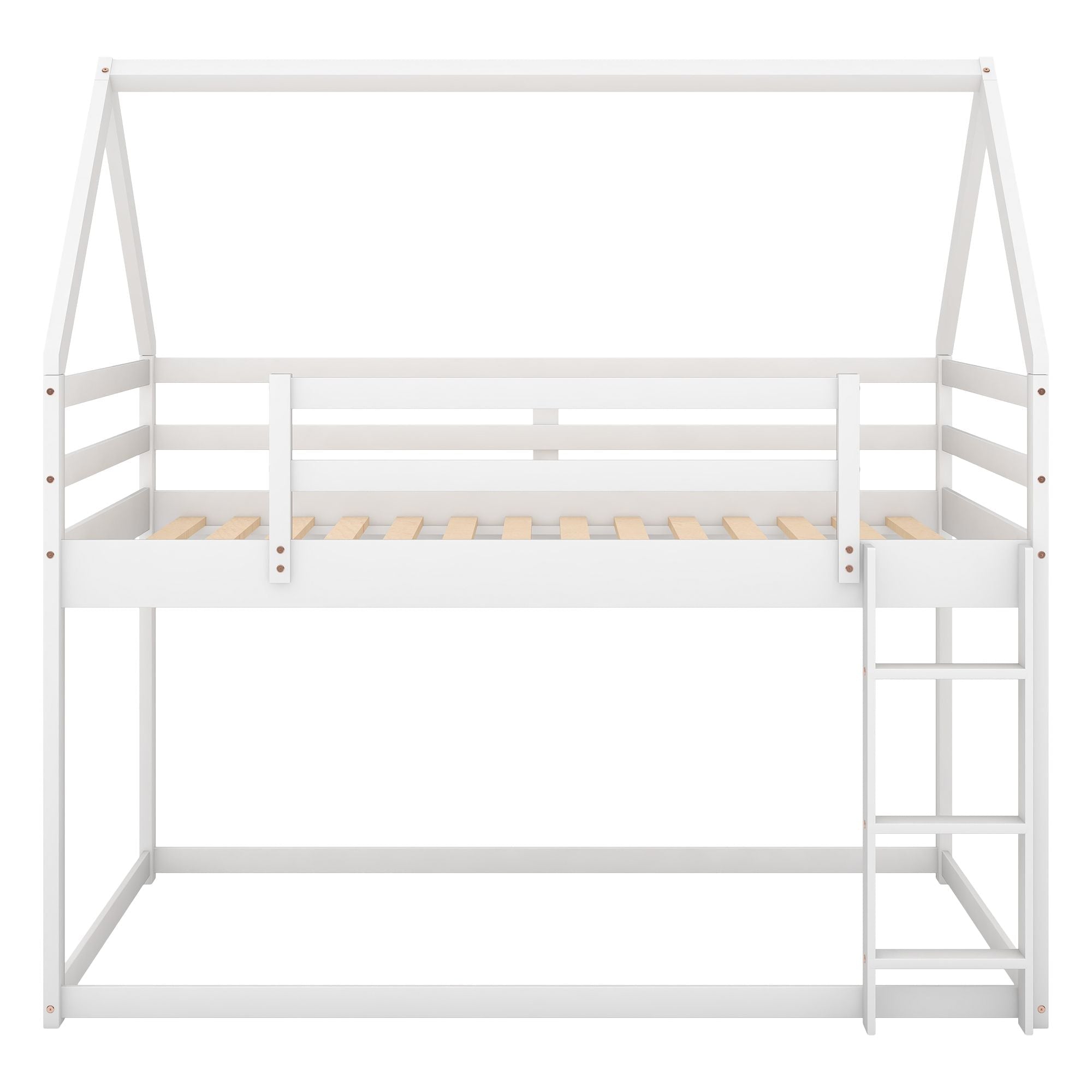 Safe Low Twin Over Twin Wood Bunk Bed with House-Shaped Frame, Ladder, White | Just Better Bunk Beds
