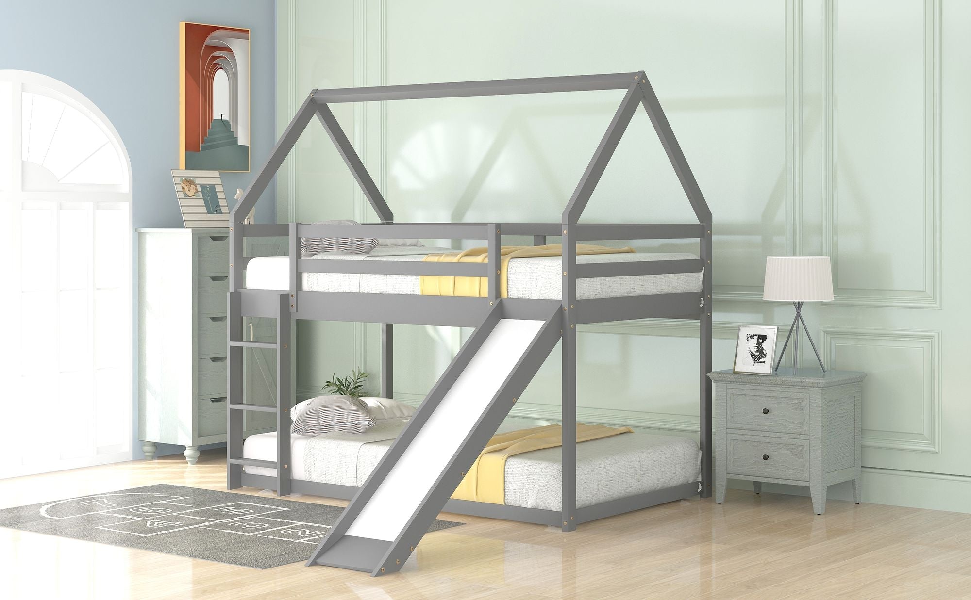 Safe Low Twin Over Twin Wood Bunk Bed with House-Shaped Frame, Ladder, White | Just Better Bunk Beds