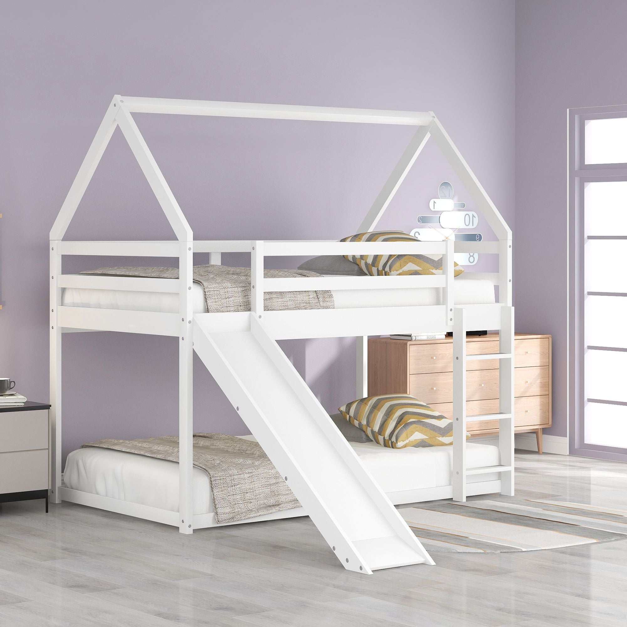 Safe Low Twin Over Twin Wood Bunk Bed with House-Shaped Frame, Ladder, White | Just Better Bunk Beds