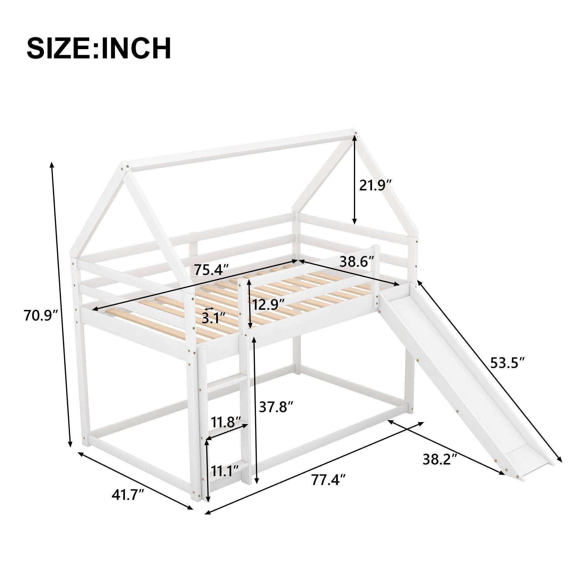 Safe Low Twin Over Twin Wood Bunk Bed with House-Shaped Frame, Ladder, White | Just Better Bunk Beds
